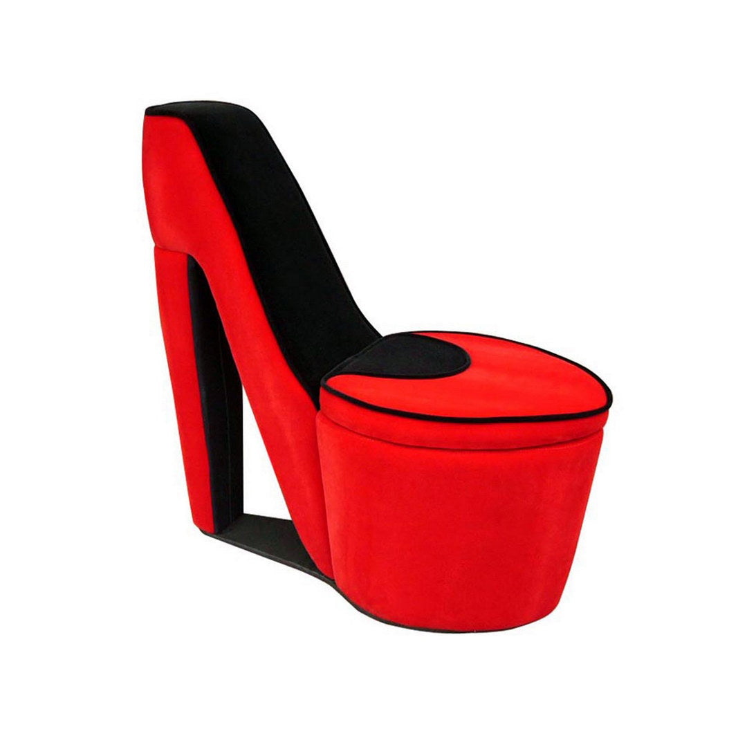 32.86" In Red W Black Sole High Heel Storage Chair Black Red Wood Fabric