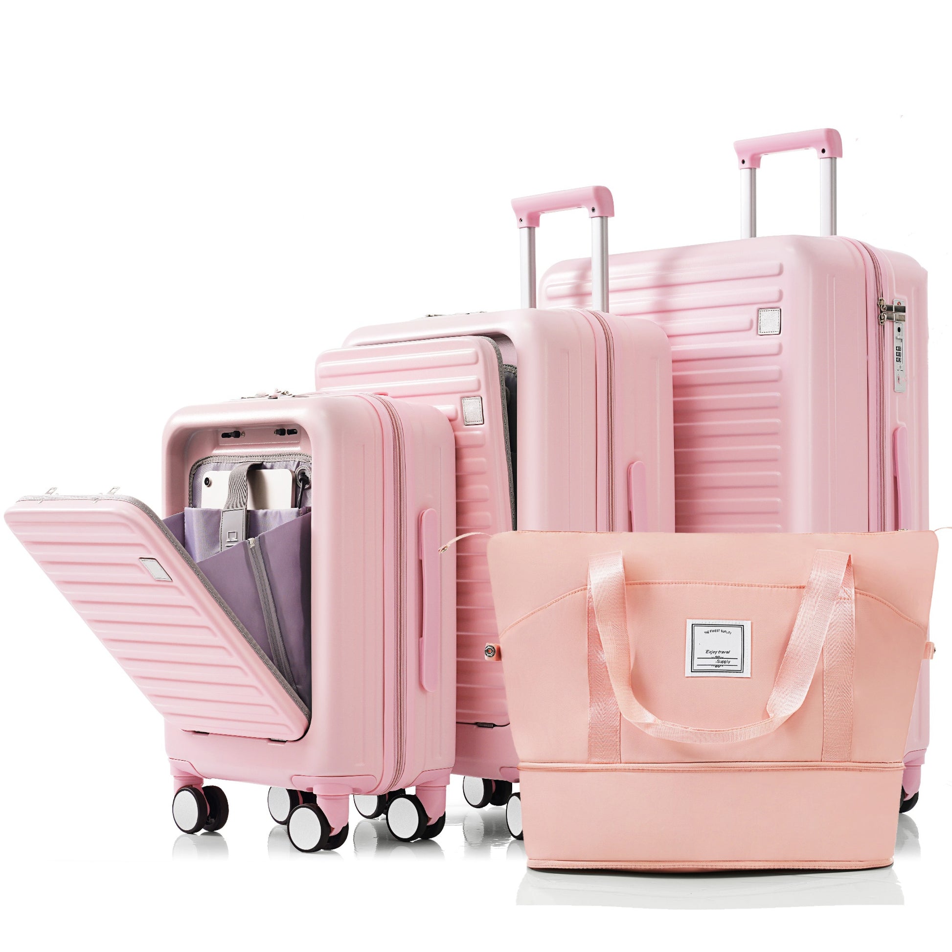 Luggage Set Of 4 With Usb Port, 20, 24Inch With Front Opening Design Airline Certified Carry On Luggage With Cup Holder, Abs Hard Shell Luggage With Expandable Travel Bag, Pink Pink Abs