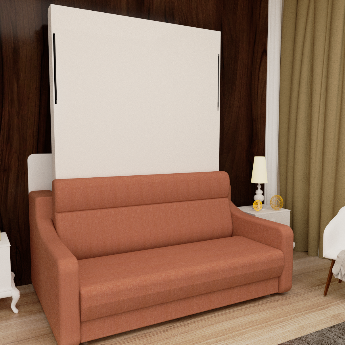 No Need Fix To The Wall Morden Deisgn Vertical Murphy Bed With Sofa For Bedroom Or Guestroom White Wall Bed Space Saving Hidden Bed With Style Gas Struts Full Orange Plywood