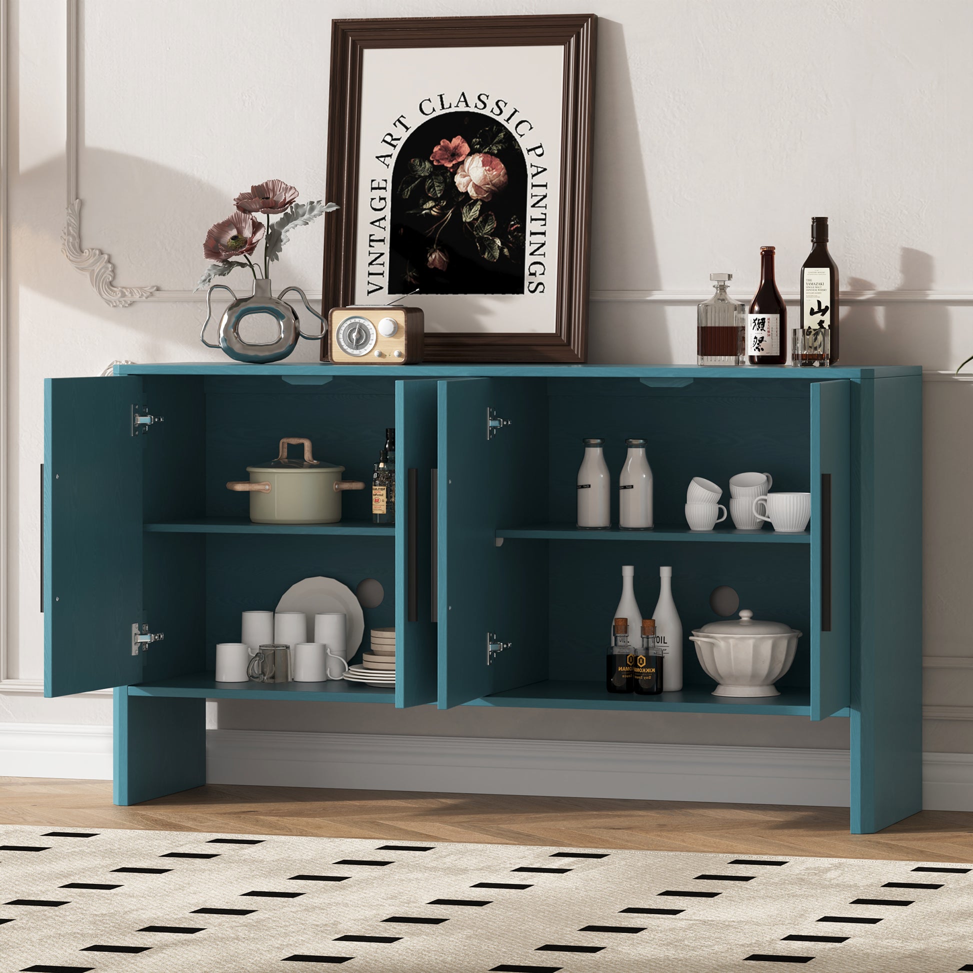 4 Door Large Storage Retro Sideboard With Adjustable Shelves And Long Handles For Kitchen, Dining Room And Living Room Antique Blue Antique Blue Mdf
