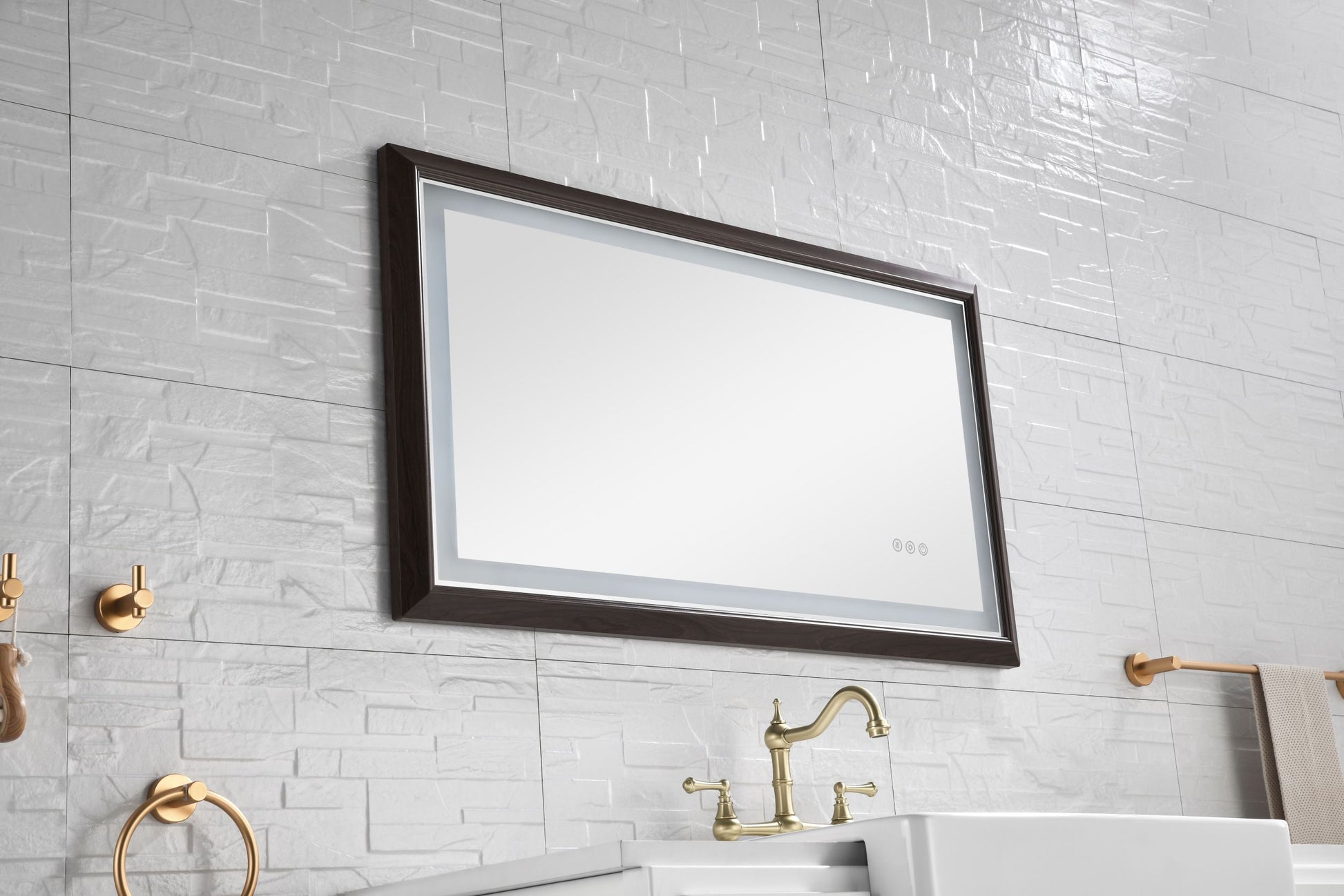 Bathroom Led Mirror Is Multi Functional And Each Function Is Controlled By A Smart Touch Button. Brown Aluminium