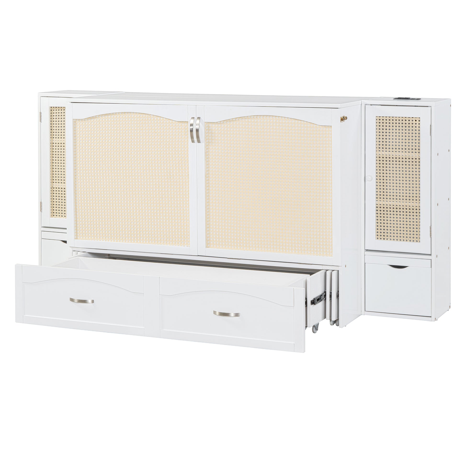 Full Size Murphy Bed Wall Bed With Drawer And Rattan Decoration With 2 Storage Cabinets, One Set Of Sockets & Usb Ports, Pulley Structure Design, White Full White Plywood