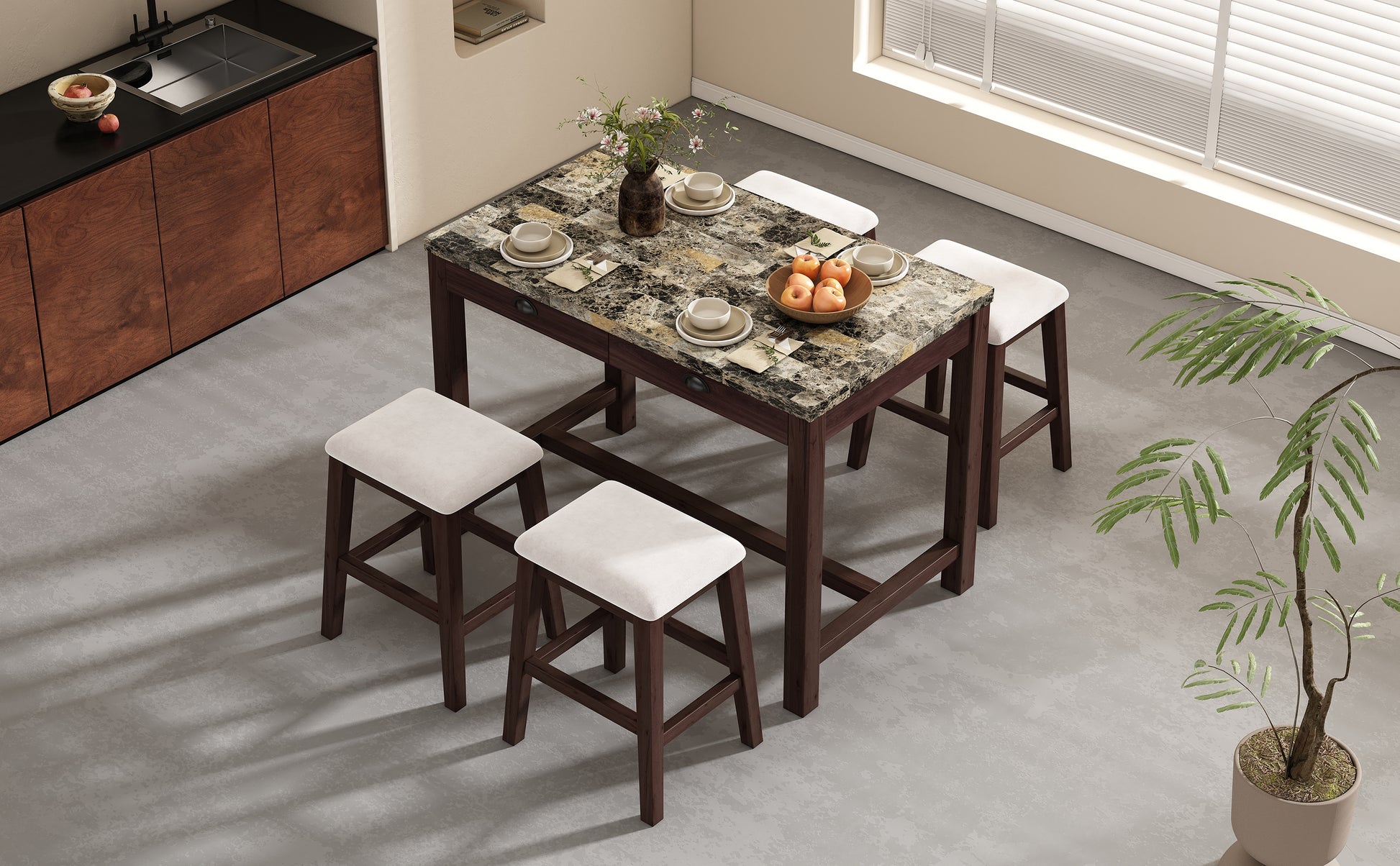 5 Piece Modern Faux Marble Versatile Bar Table Set With Storage Drawers And Padded Stools, Ideal For Space Saving Dining Nooks Or Small Kitchens Walnut Walnut Solid Wood Mdf