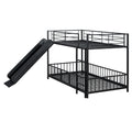 Twin Over Twin Size Metal Bunk Bed With Slide And Guardrails, Black Twin Black Metal