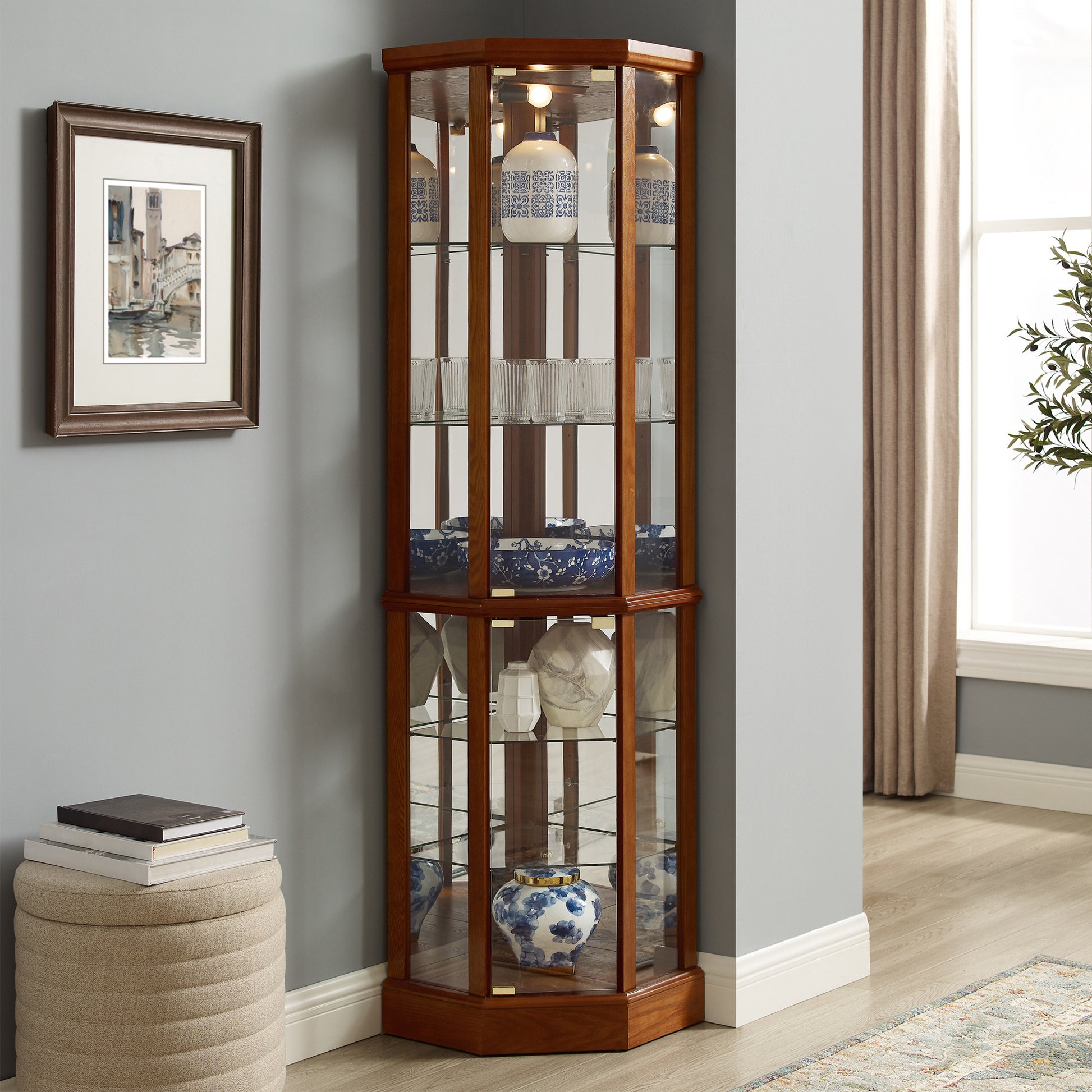 6 Shelf Lighted Corner Curio Cabinet With Adjustable Tempered Glass Shelves And Mirror Back, Walnut E26 Light Bulb Not Included Walnut Mdf