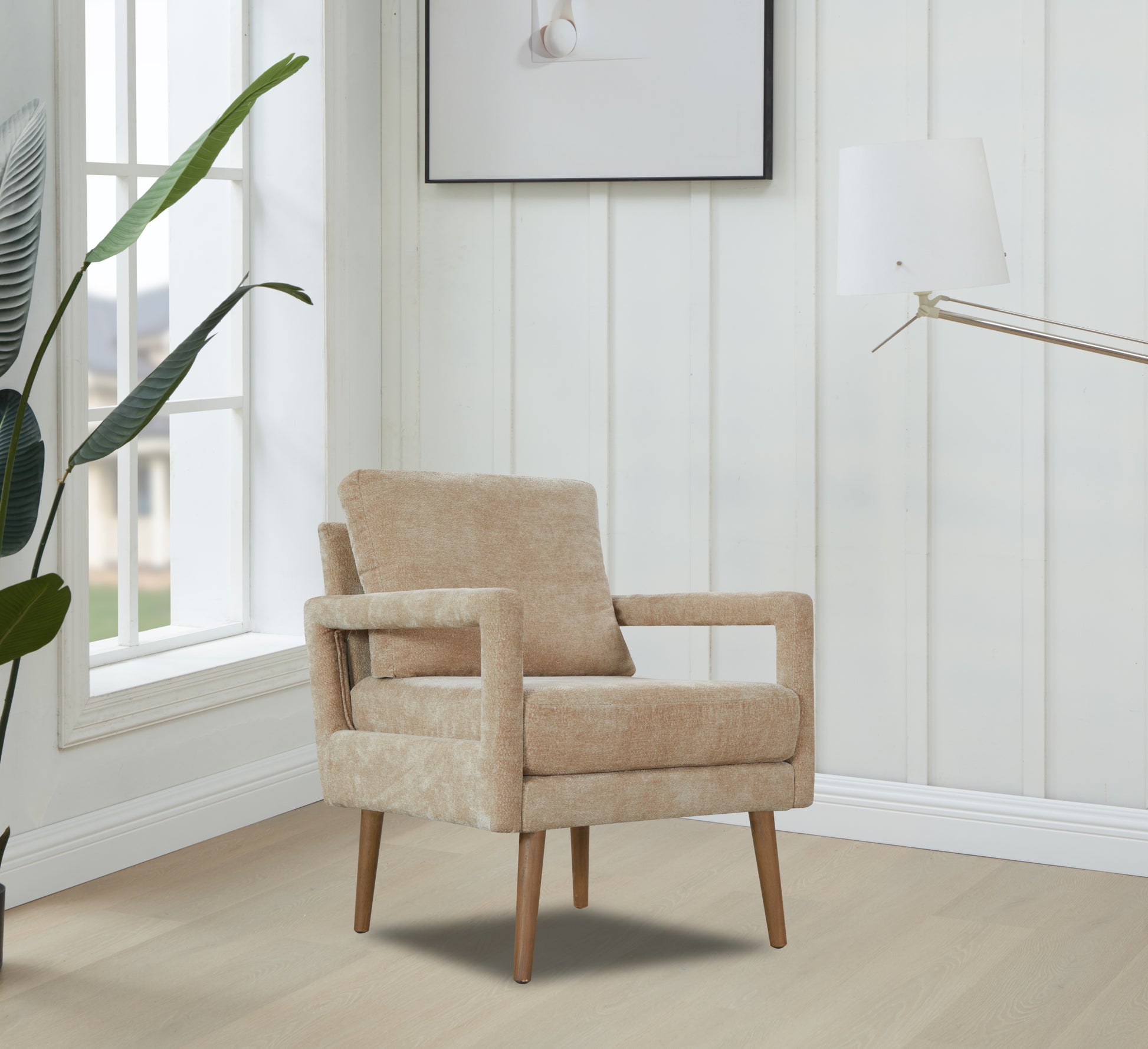 Mid Century Armchairaccent Chair With Chenille Armrest & Soft Cushion For Living Room, Bedroom, Home Office, Study, Beige Beige Foam Wood Fabric