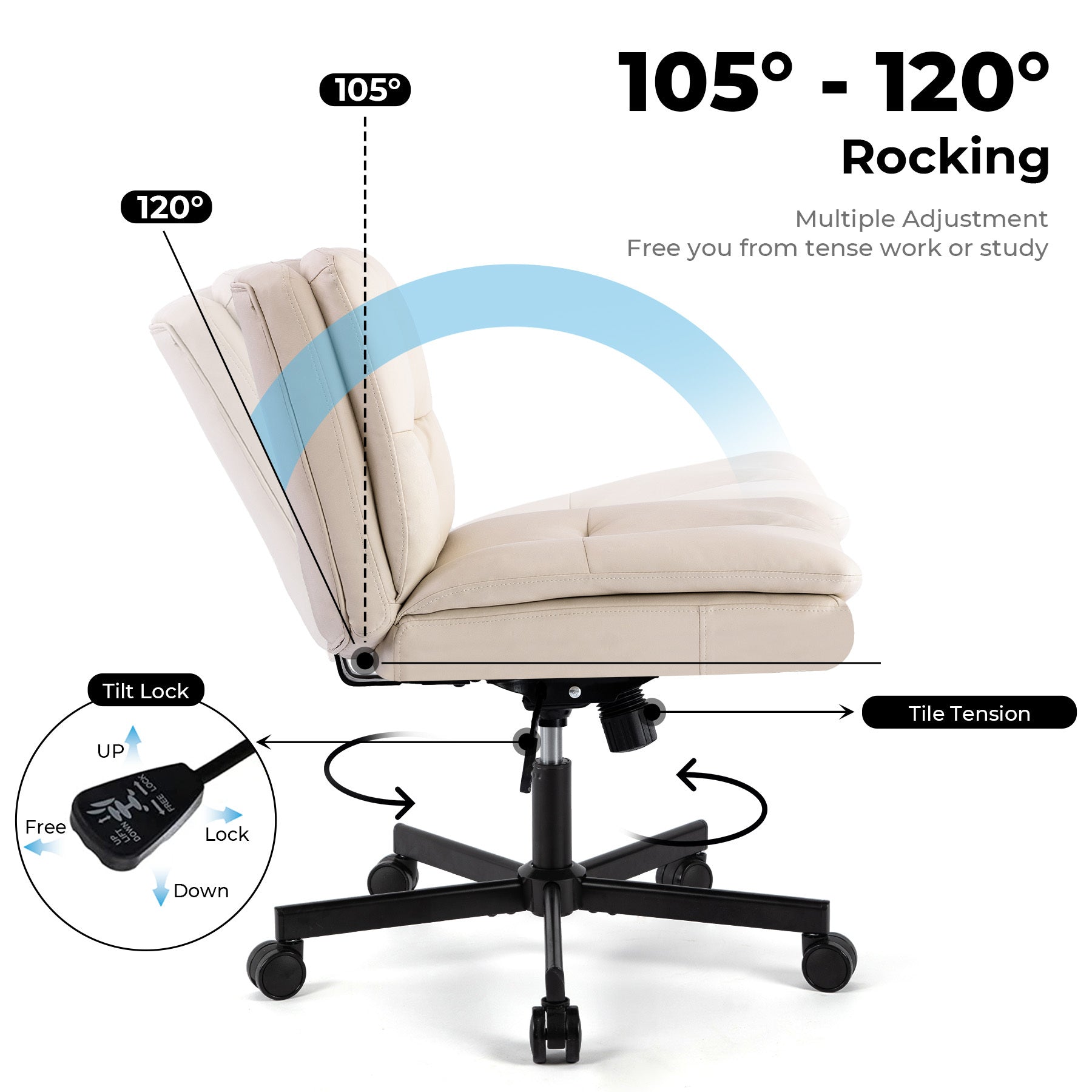 Large Size Swivel Home Office Desk Chair Armless Office Room Chair Caster Wood Beige Primary Living Space Foam Dry Clean American Design,Casual,Contemporary,Minimalist,Modern Handle Office Chairs Solid Back Foam Adjustable Height Leather