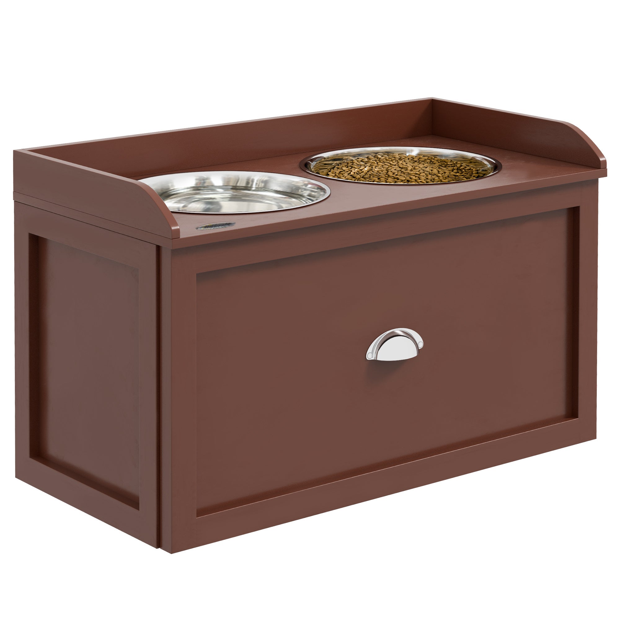 Pawhut Dog Feeding Station With Storage Drawer, Dog Food Storage Cabinet With 2 Removable Elevated Dog Bowls For Large Sized Dogs, Brown Brown Stainless Steel