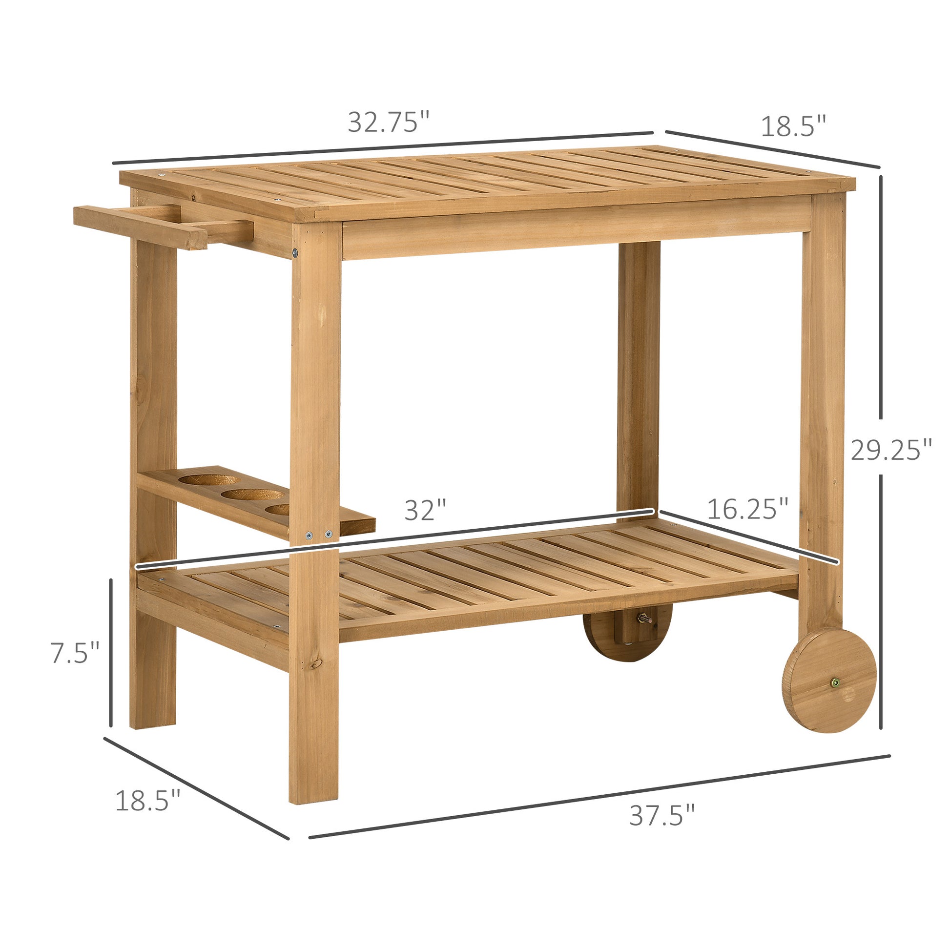 Outsunny Outdoor Bar Cart, Wood Rolling Home Bar & Serving Cart With 2 Shelves, Wine Bottle Holders For Garden, Dining Room, Natural Natural Wood