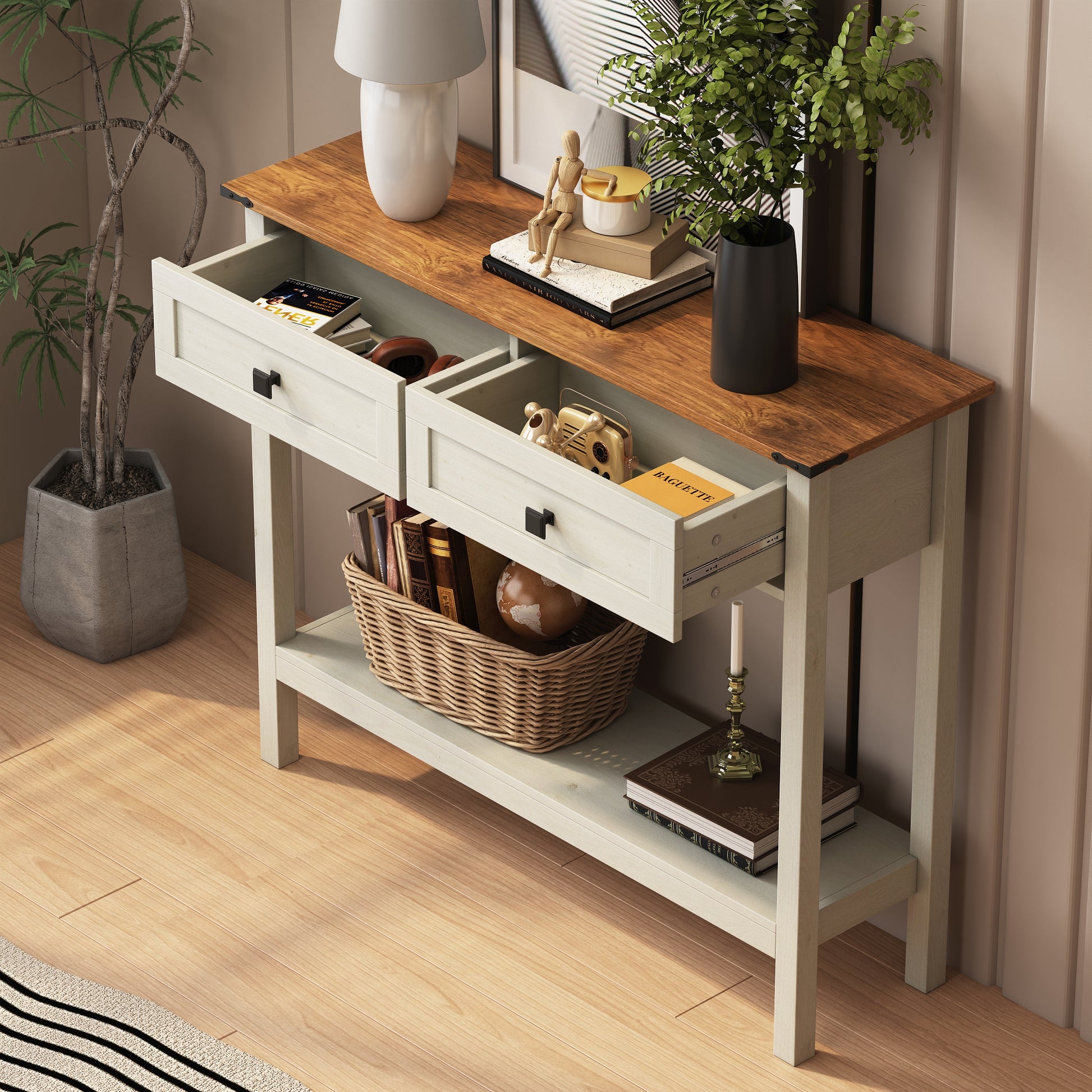 Farmhouse Style Console Table With 2 Drawer And Bottom Storage Shelf For Entryway, Rustic Side Table With Storage Drawer And Shelf For Living Room, Hallway Antique White Primary Living Space Farmhouse,Rustic Freestanding Drawers Console Tables
