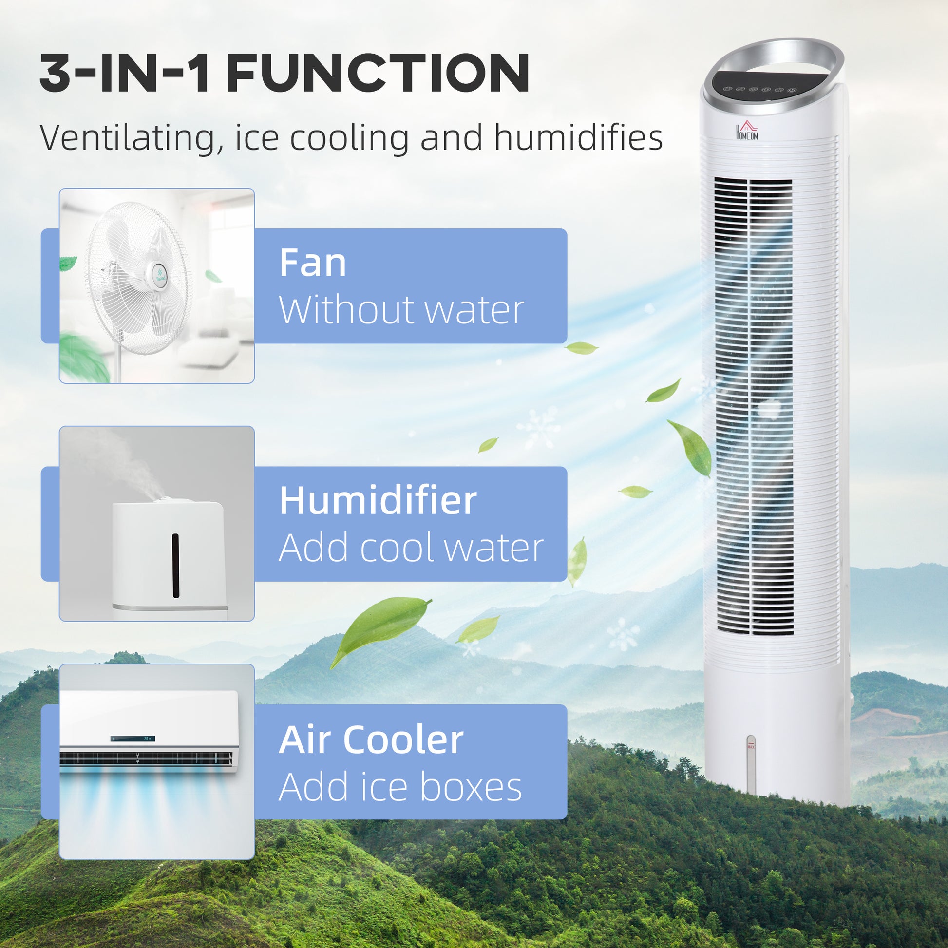 Homcom 40" Evaporative Air Cooler With Water Tank, 3 In 1 Ice Cooling Fan With Humidifier, 52 Oscillating Portable Swamp Cooler For Home Office, 3 Modes, 3 Speeds, 8H Timer, Remote, White White Abs