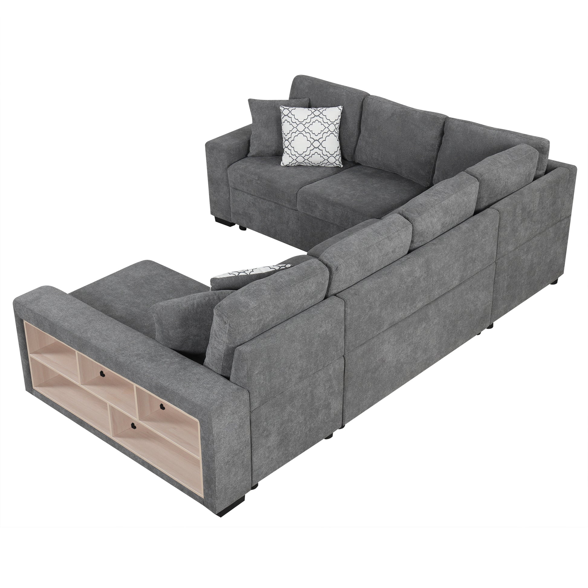 109" U Shaped Sectional Sofa Pull Out Sofa Bed With Two Usb Ports, A Storage Chaise Lounge And Four Back Pillows For Living Room, Grey Grey Foam Chenille 5 Seat