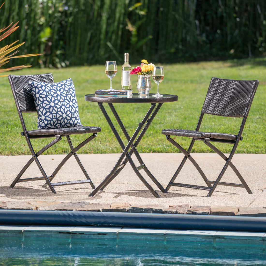 El Paso 3Pc Folding Table Chair Set Brown Multi Pe Rattan Iron