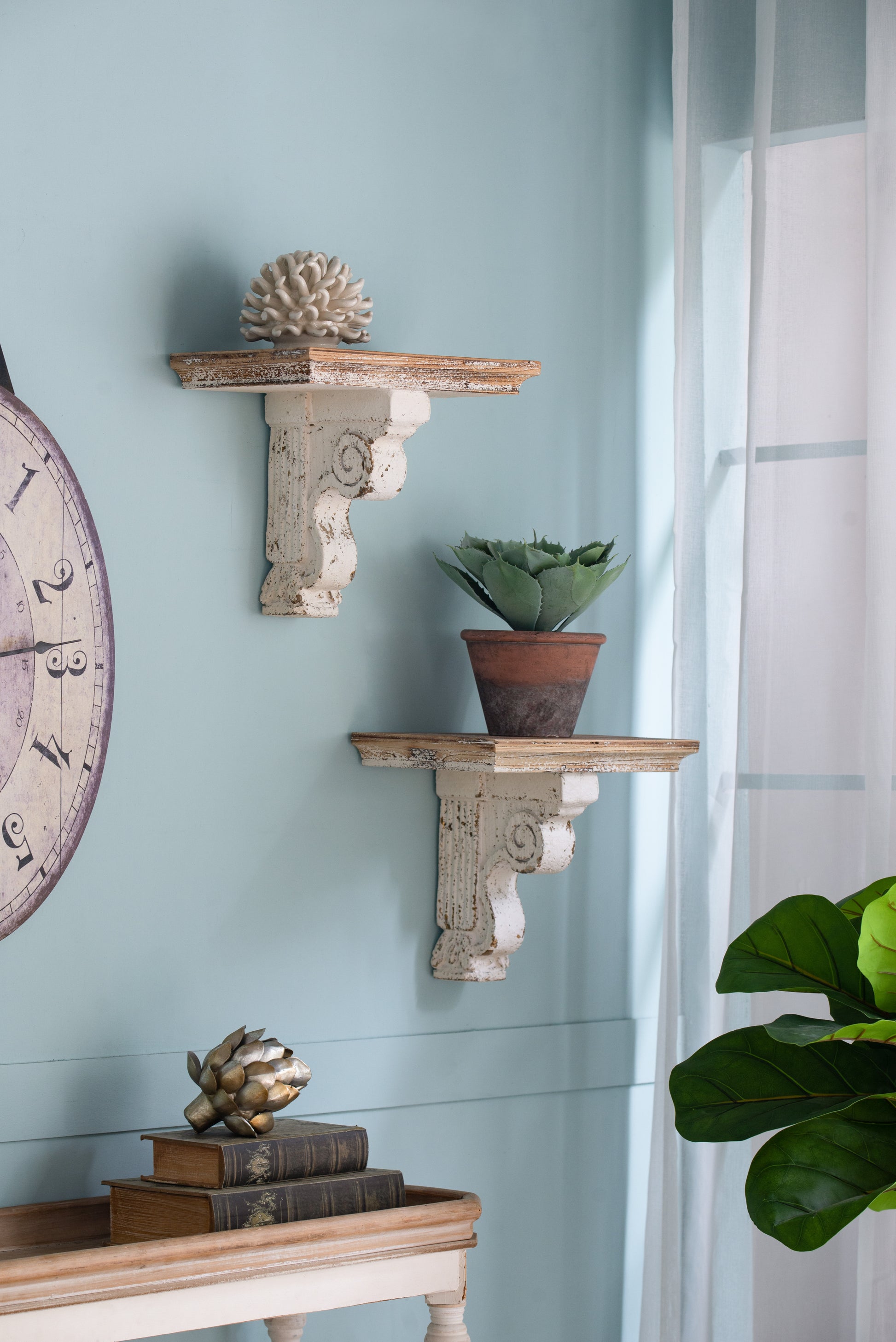 13.8X9.1X11.4" Distressed Brown And White Wooden Wall Shelf With Corbel Design Brown Antique White Wood