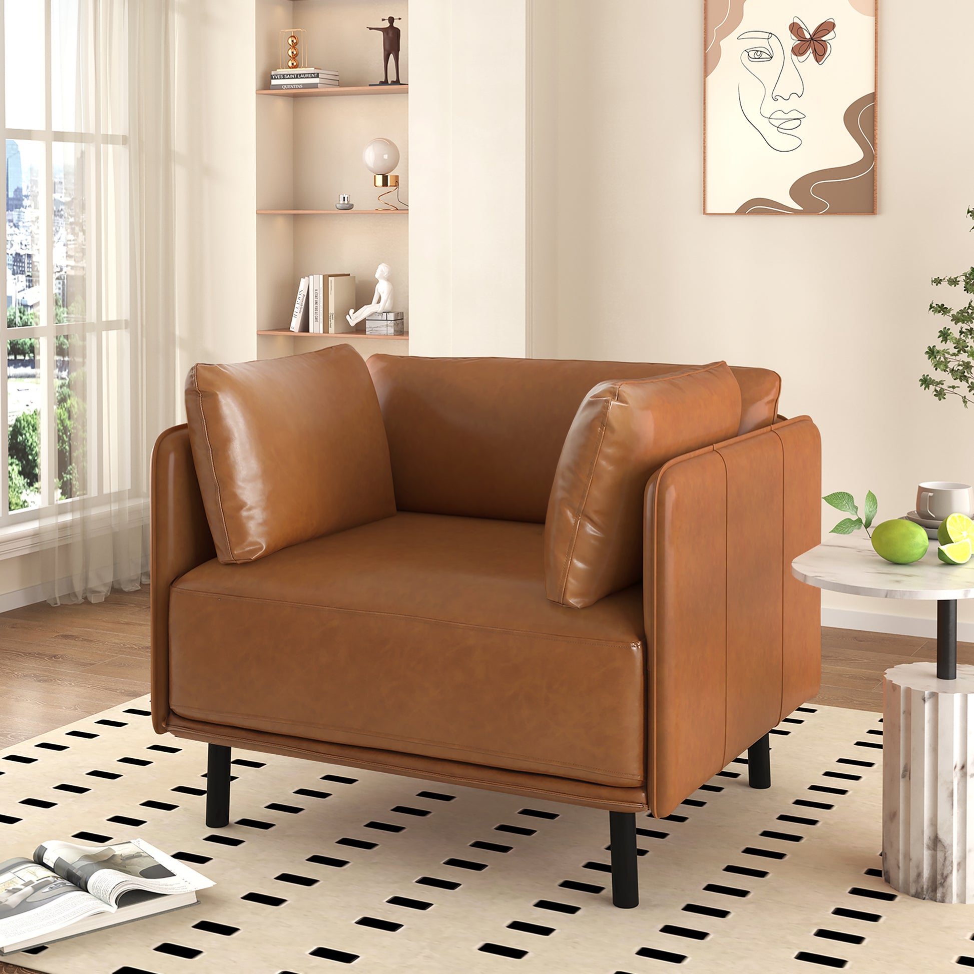 39" Vintage Brown Faux Leather Lounge Chair With Polyester And Pu Leather Upholstery, Solid Wood Frame And Steel Legs, Perfect For Living Room, Bedroom, Or Office Brown Polyester,Pu Leather,Solid