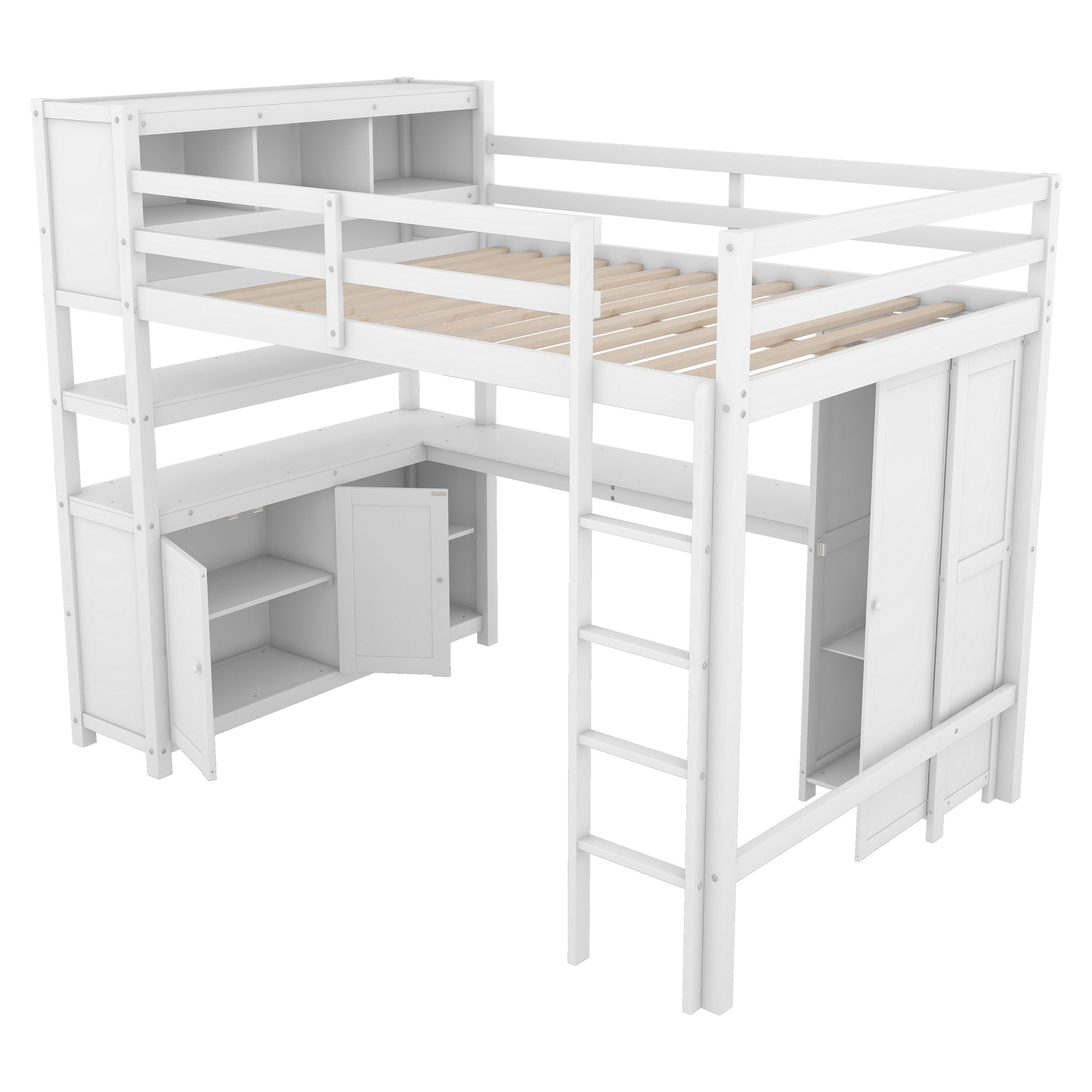 Wood Loft Bed With Cabinet And Bookshelf, Full Size Loft With Wardrobe And Desk For Kids,White Expect Arrival Date 2024 8 25 Full White Pine