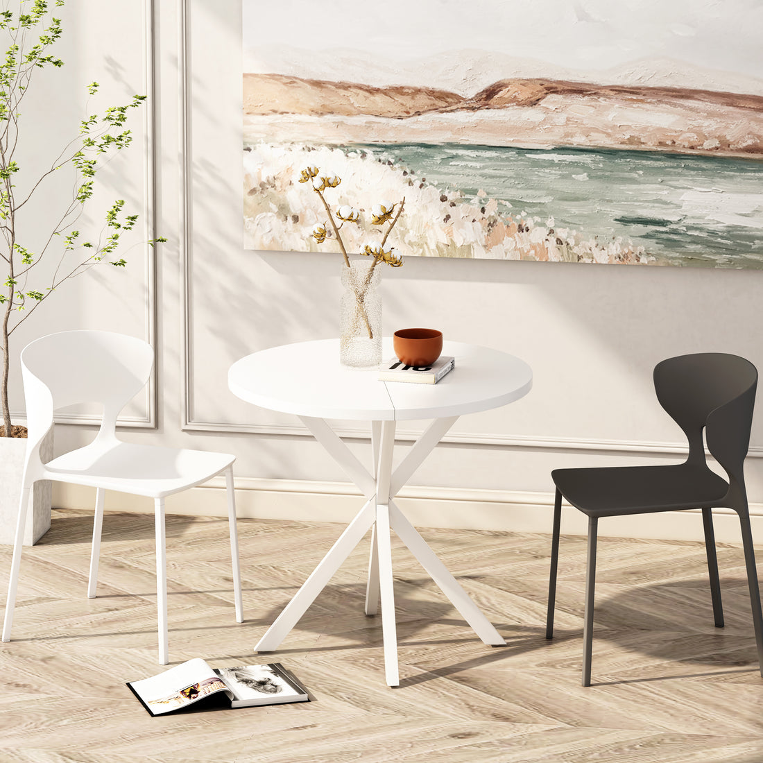 31.5'' Modern Round Dining Table With Crossed Legs,White Occasional Table, Two Piece Detachable Table Top, Matte Finish Iron Legs White Mdf Metal