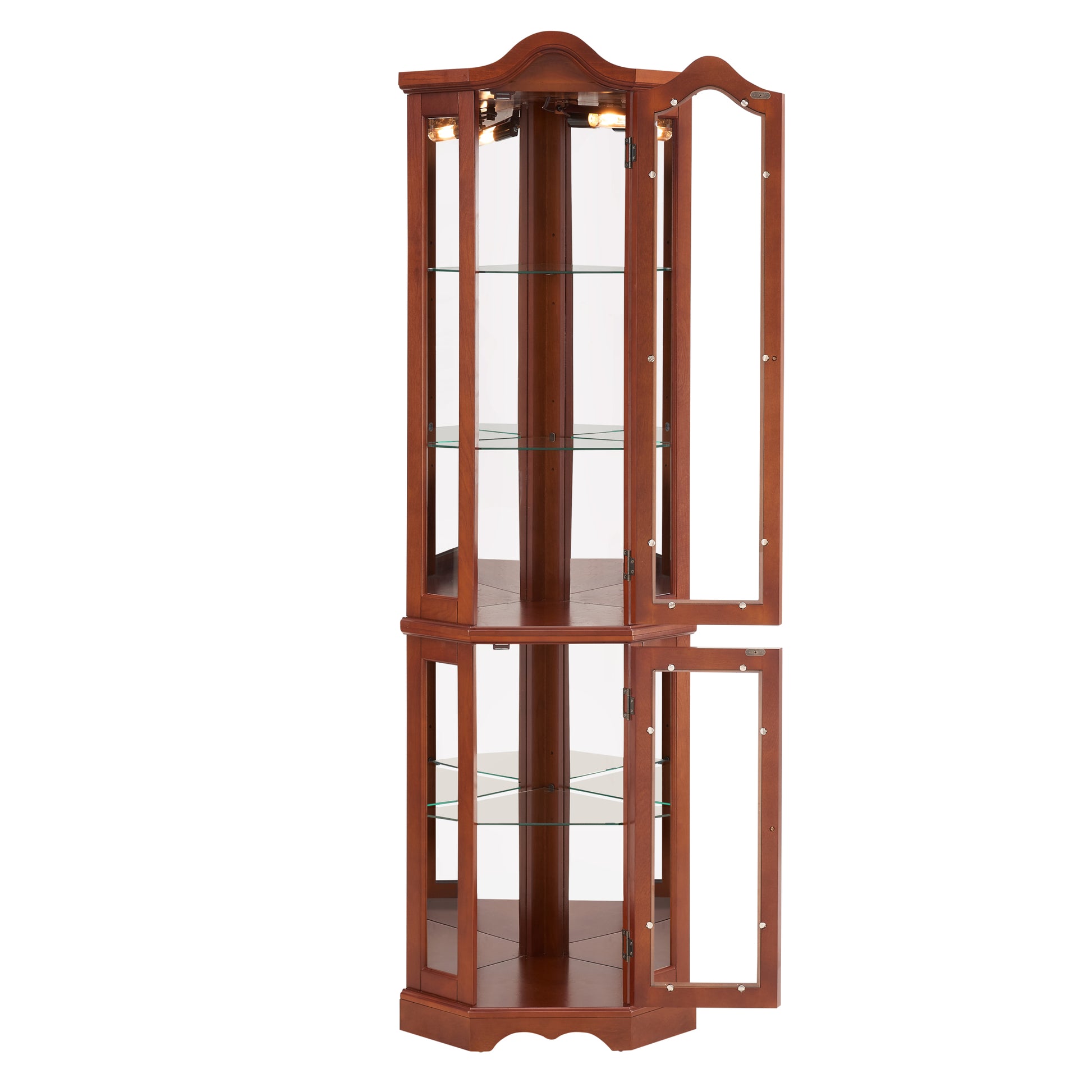 Corner Curio Cabinet With Lights, Adjustable Tempered Glass Shelves, Mirrored Back, Display Cabinet,Walnut E26 Light Bulb Not Included Walnut Mdf