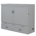 Queen Size Murphy Bed With Usb Ports, Large Drawers And Metal Handles,Gray Queen Gray Solid Wood Mdf