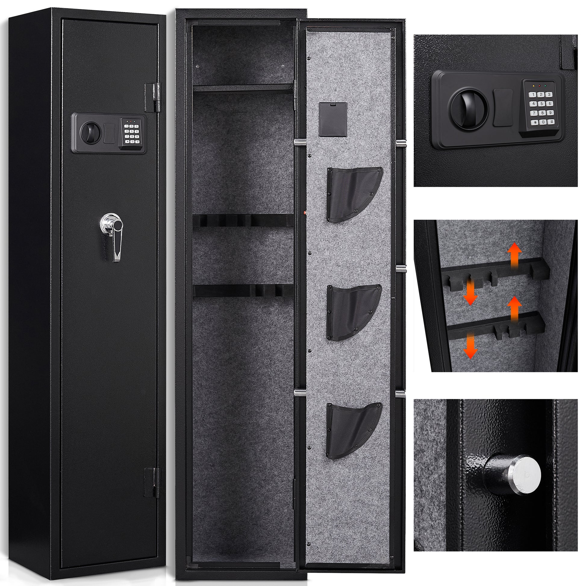 5 Safe For Home Rifle And Pistols, Quick Access Electronic Keypad Rifle With 3 Pistol Pockets, Build In Cabinet ,Led Light,External Battery Cases And Alarm System Black Steel