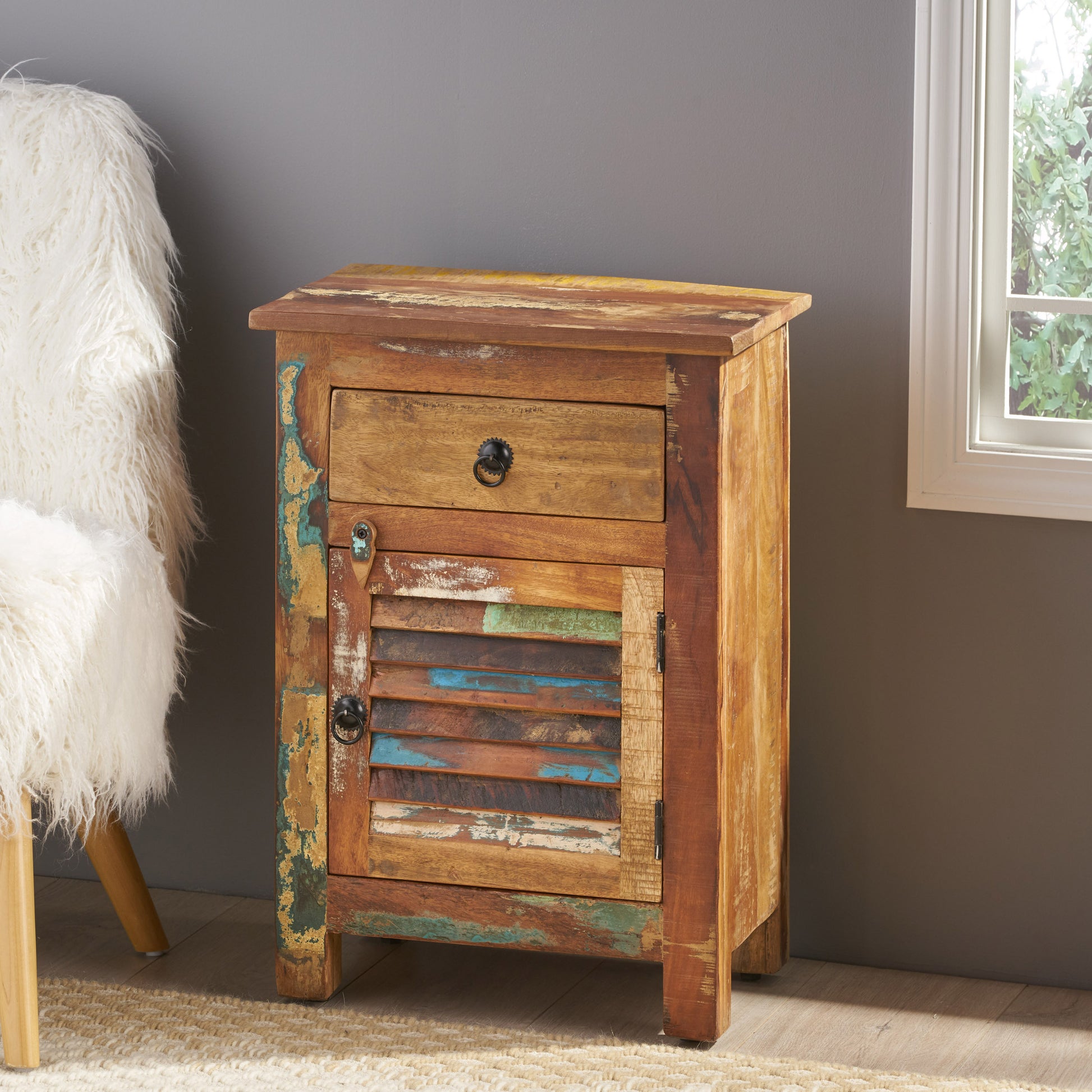 Side Table With Drawer Natural Wood Metal