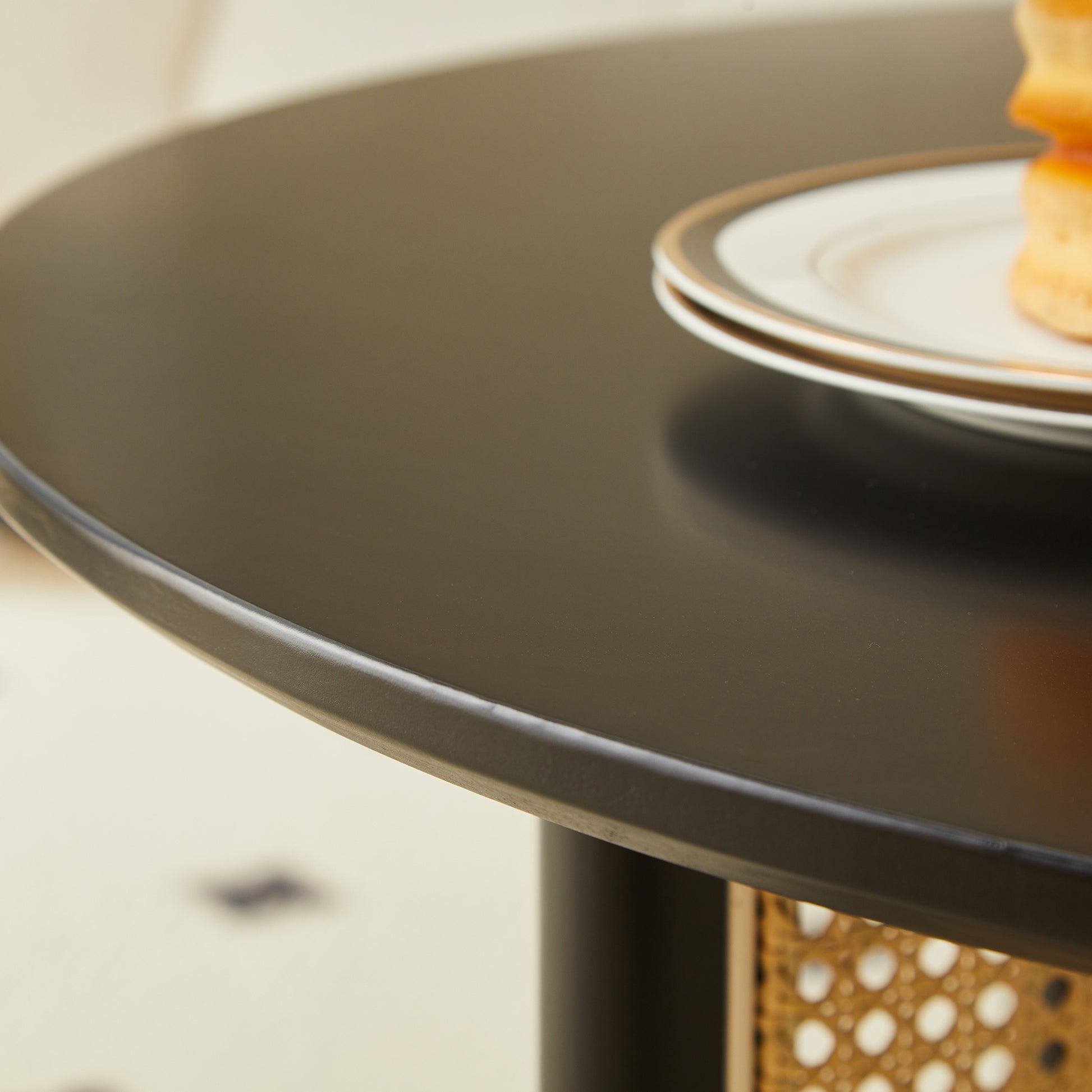 Mid Century Wooden Coffee Table With Pe Cane Stand, 31.5 Inch Round Solid Wood Bohemian Style Coffee Table, Unique Central Cocktail Table For Living Rooms, Apartments And Offices Black Rubber Wood