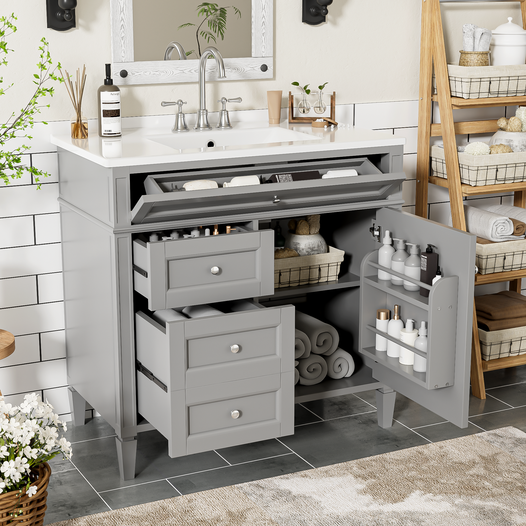 36'' Bathroom Vanity With Top Sink, Modern Bathroom Storage Cabinet With 2 Drawers And A Tip Out Drawer, Single Sink Bathroom Vanity Grey Bathroom Solid Wood Mdf Ceramic,Solid Wood Mdf