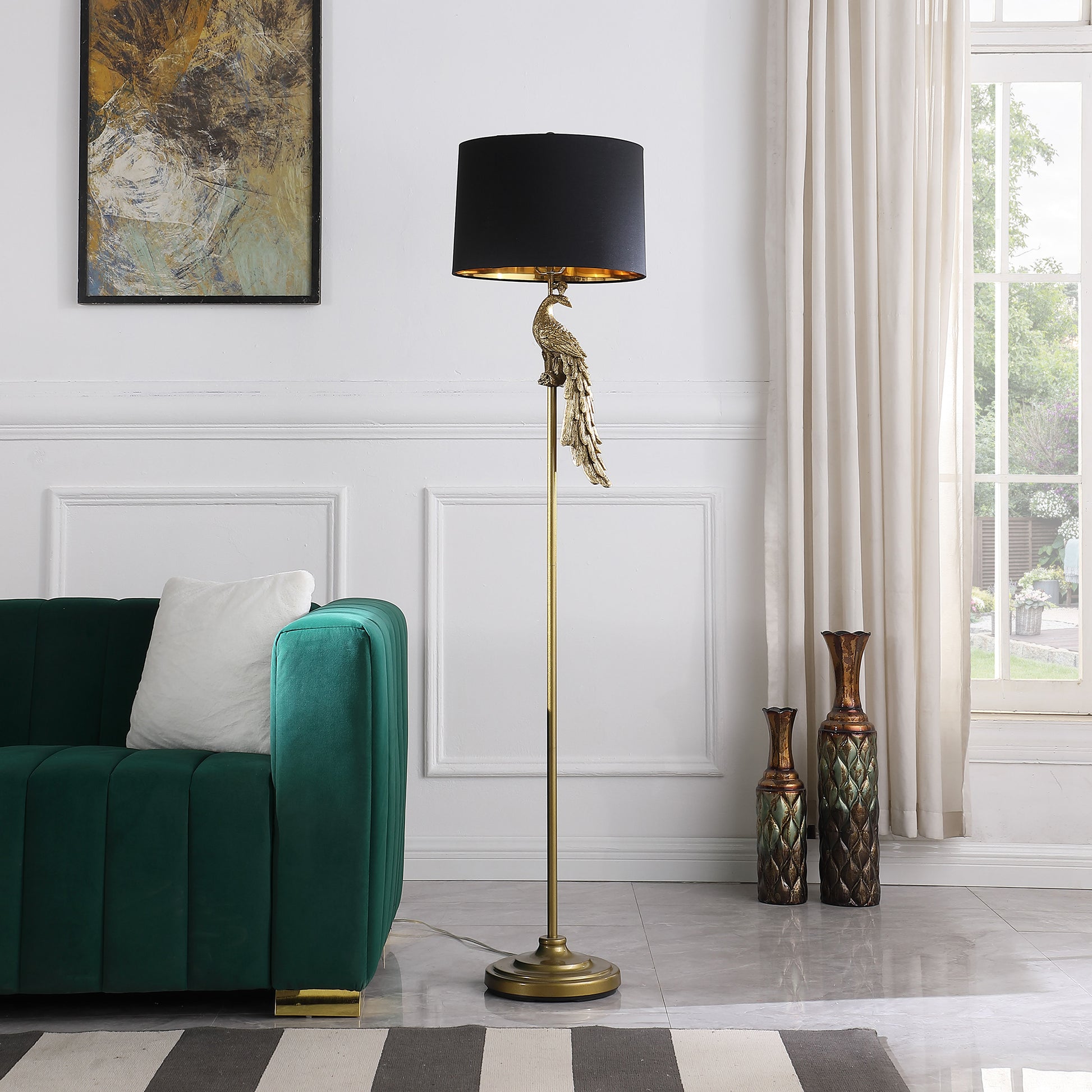 64.5" In Modern Elegance Golden Peacock On A Pedestal Polyresin Floor Lamp Golden Fabric Metal