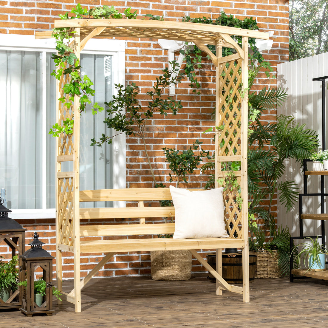 Outsunny Patio Garden Bench Arbor Arch With Pergola And 2 Trellises, 3 Seat Natural Wooden Outdoor Bench For Grape Vines & Climbing Plants, Backyard Decor, Natural Natural Wood