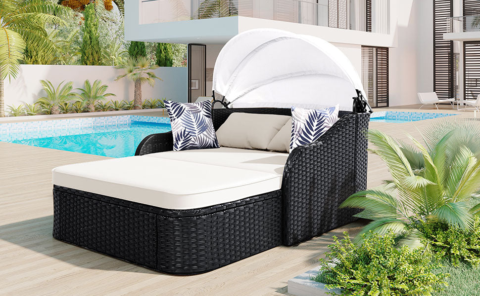 79.9" Outdoor Sunbed With Adjustable Canopy, Double Lounge, Pe Rattan Daybed, Black Wicker And Beige Cushion Yes Beige Black Wicker