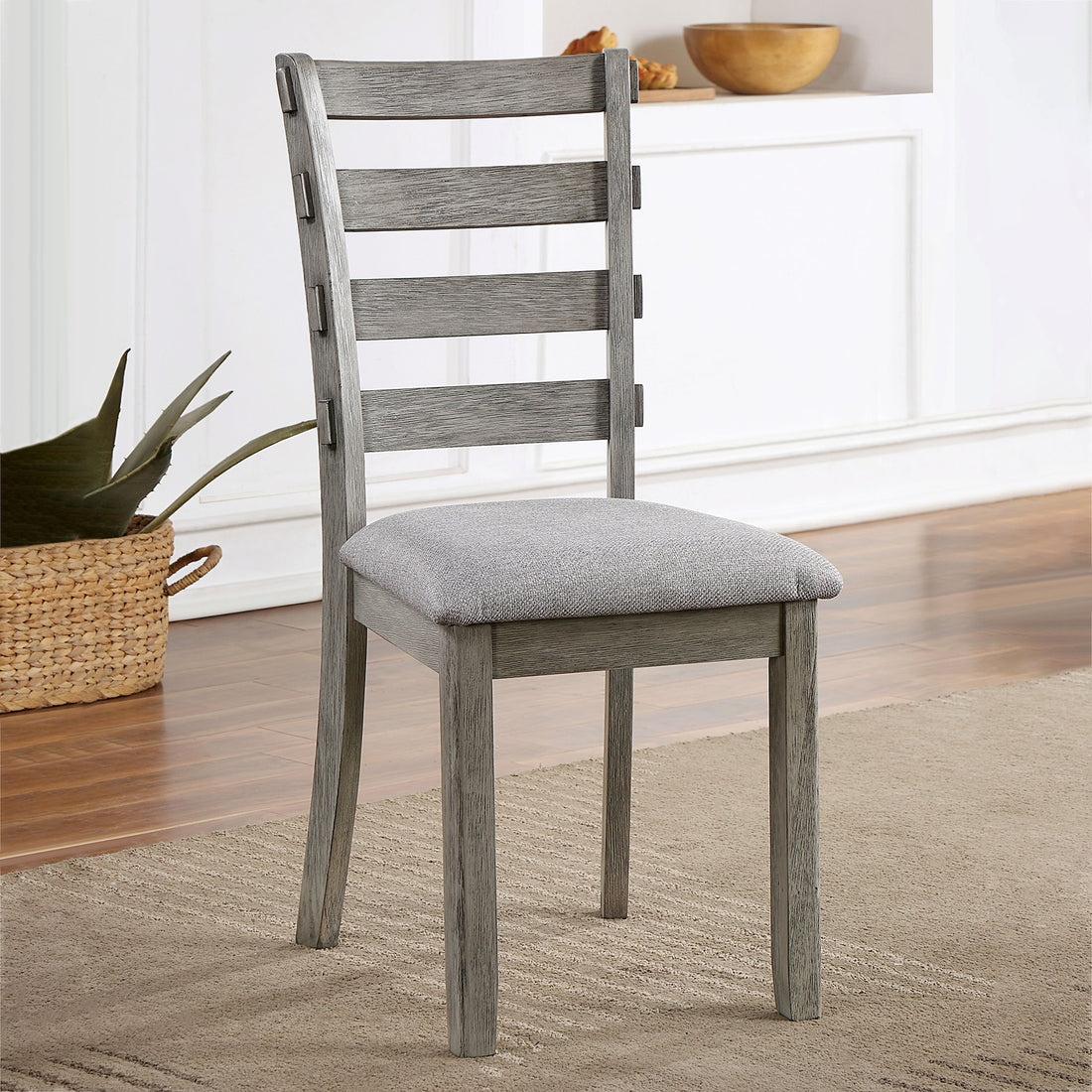 Gray Color Dining Chairs Padded Seat Set Of 2Pc Side Chair Ladder Back Kitchen Dining Room Wire Brushed Finish Gray Dining Room Classic,Modern,Transitional Dining Chairs Rubberwood Ladder Back Set