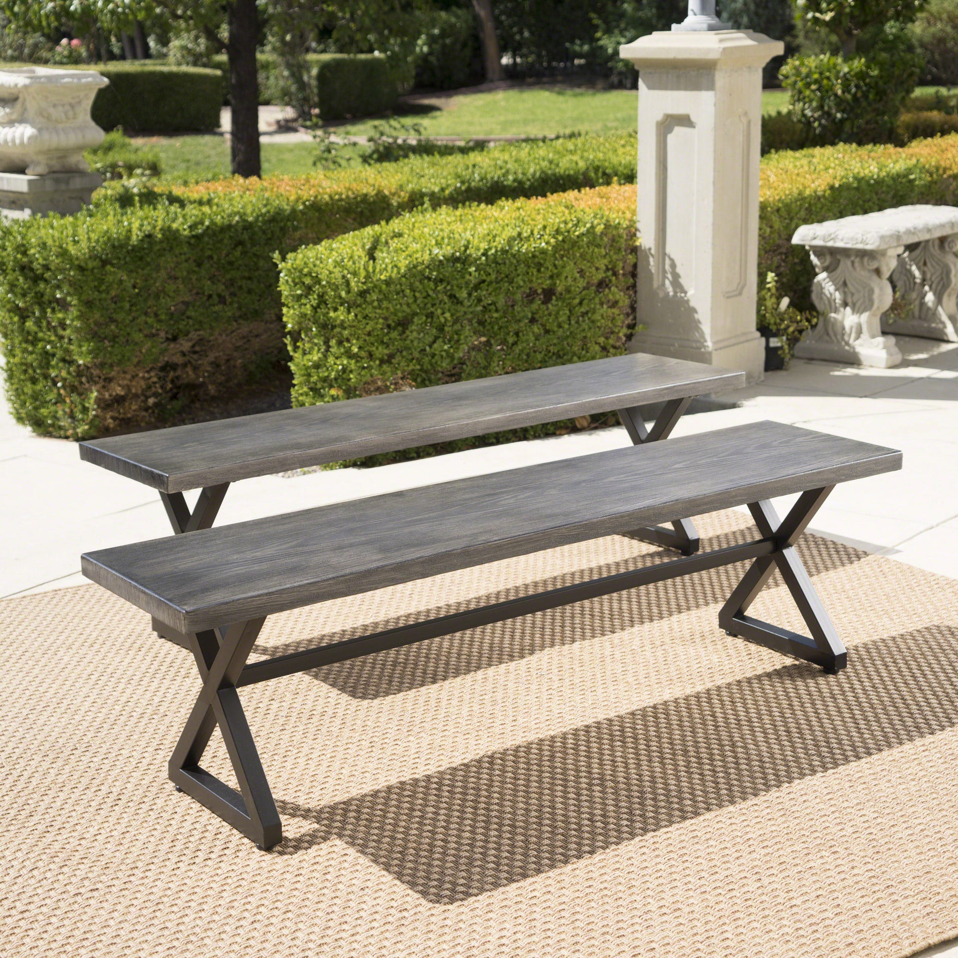 Outdoor Aluminum Dining Benches With Steel Frame, 2 Pcs Set, Grey Black Grey Black Aluminium