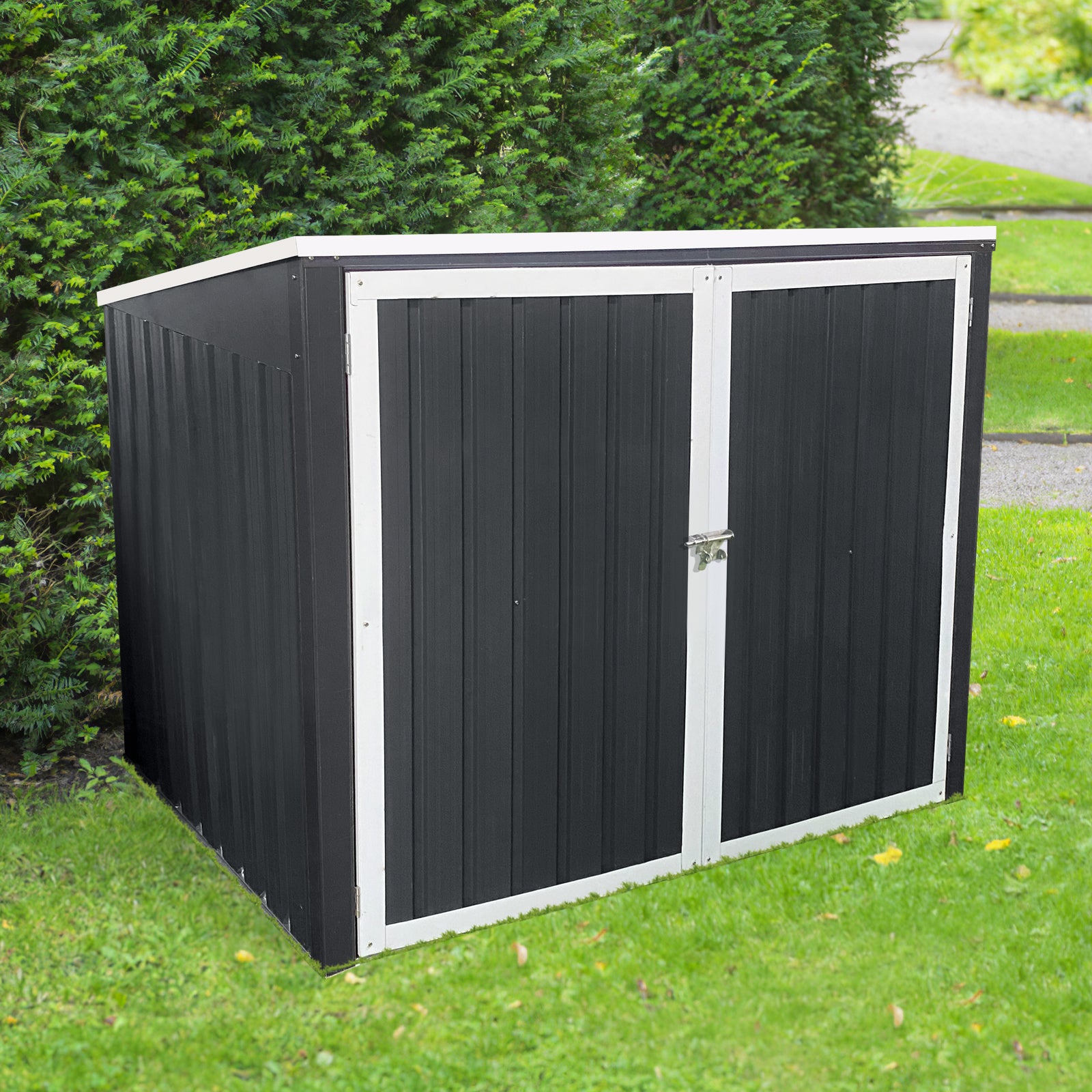 Garbage Bin Shed Stores 2 Trash Cans Metal Outdoor Bin Shed For Garbage Storage,Grey Grey Metal