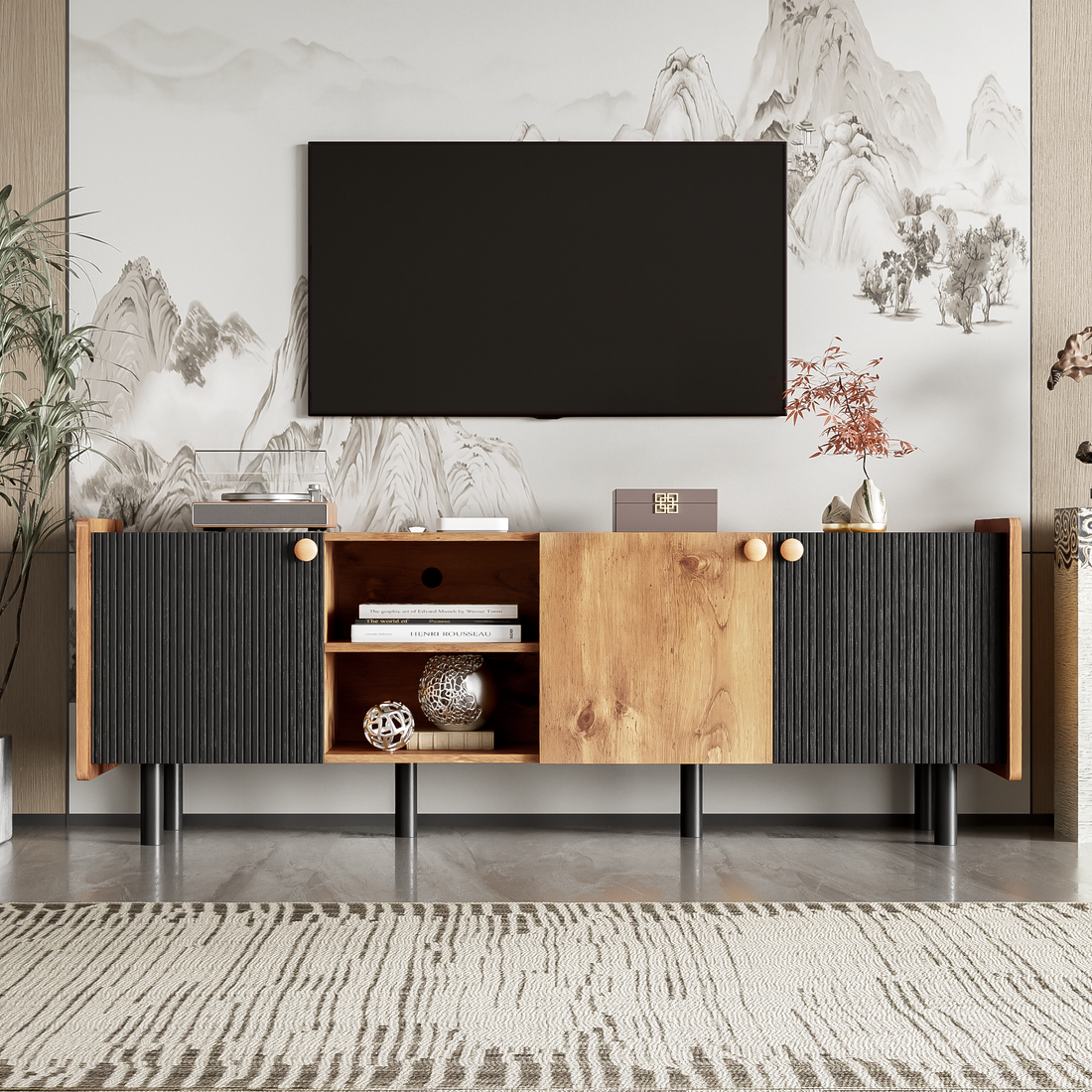 Mid Century Tv Stand With 3 Cabinets, Media Console Table For Tvs Up To 70'', Entertainment Center With Storage For Living Room, Bedroom, Home Theatre Black Brown Primary Living Space 60 69 Inches