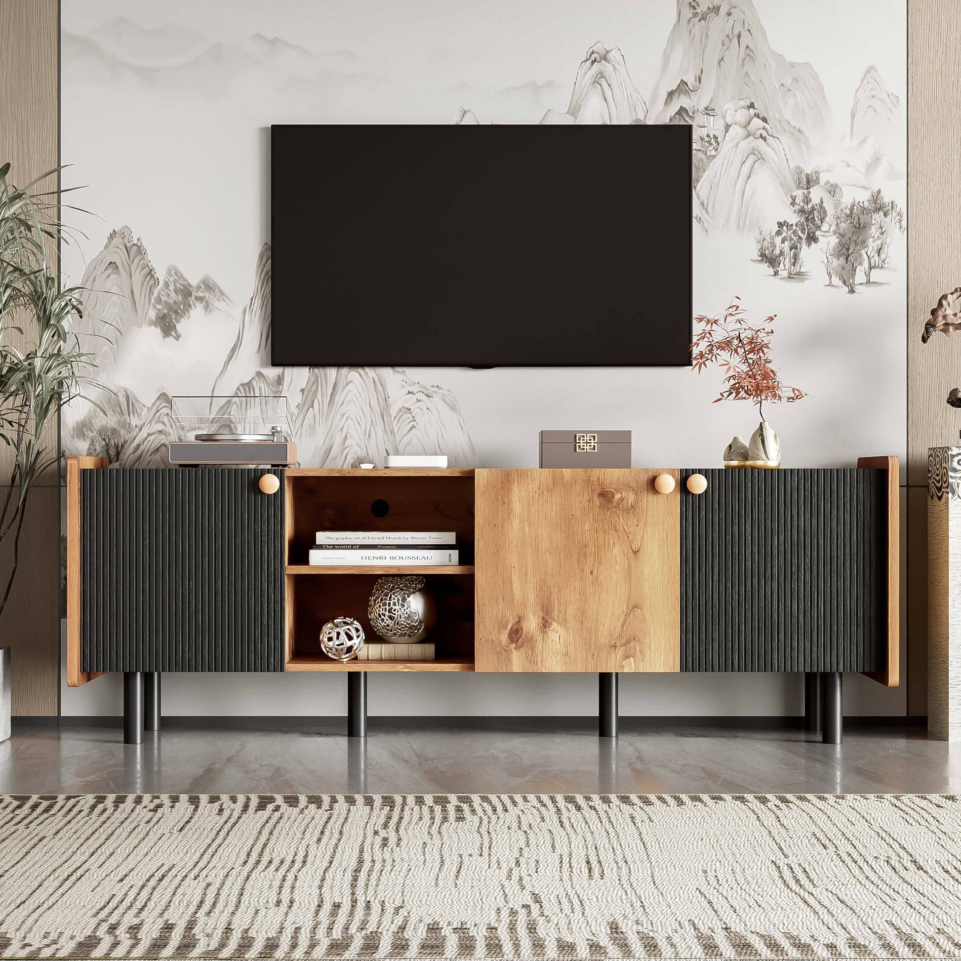 Mid Century Tv Stand With 3 Cabinets, Media Console Table For Tvs Up To 70'', Entertainment Center With Storage For Living Room, Bedroom, Home Theatre Black Brown Primary Living Space 60 69 Inches