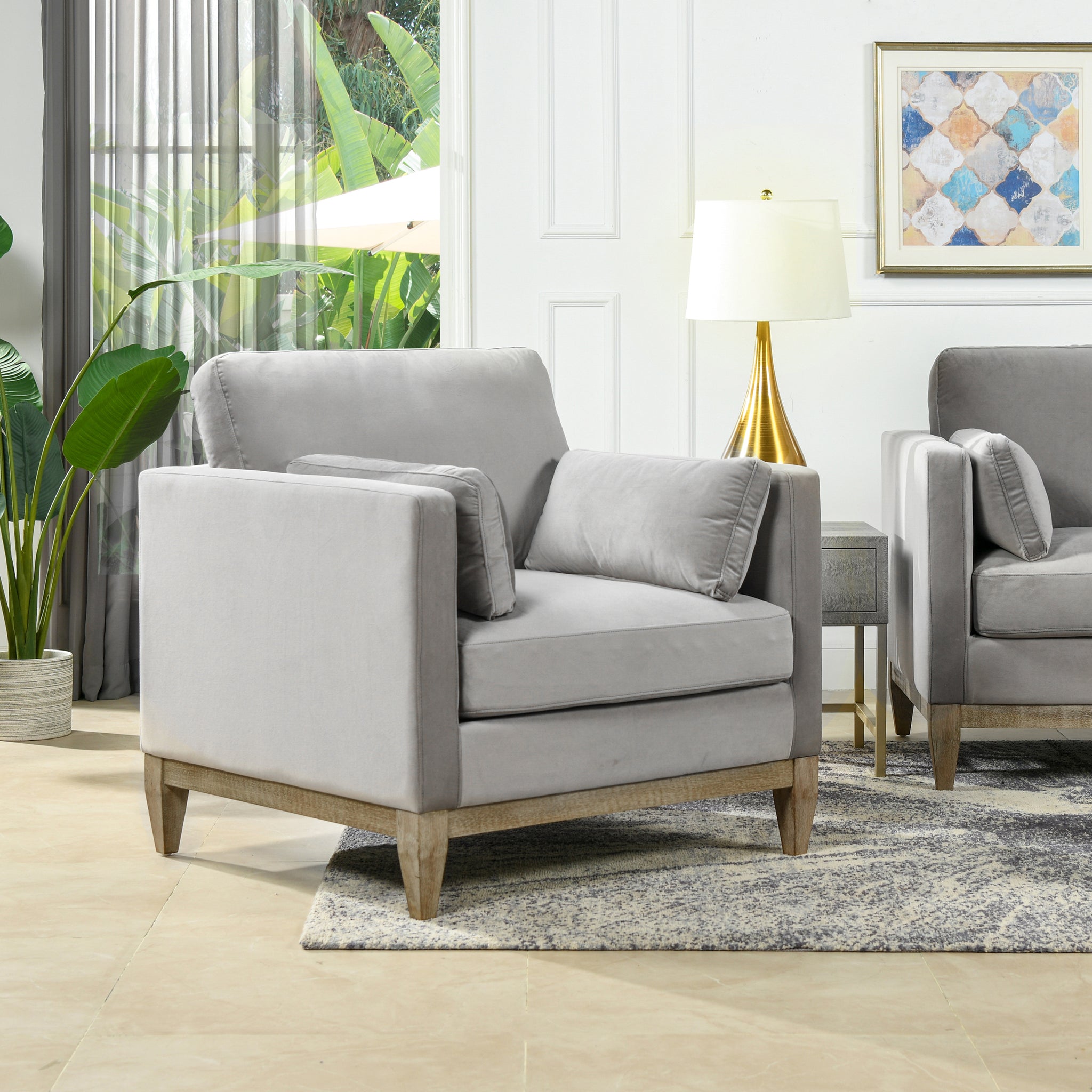 Knox 36" Modern Farmhouse Arm Chair, Opal Grey Velvet Gray Foam Velvet