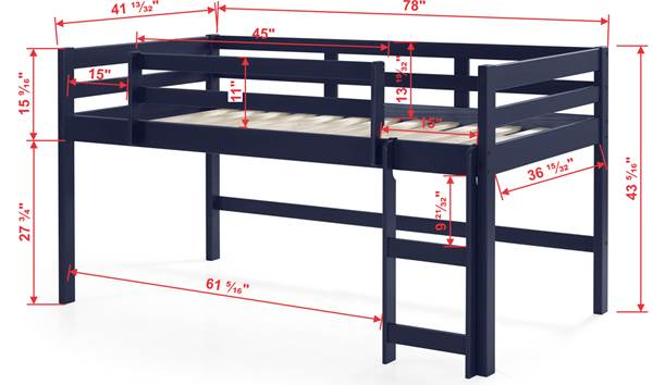 Lara Navy Blue Finish Twin Loft Bed Navy Blue Wood