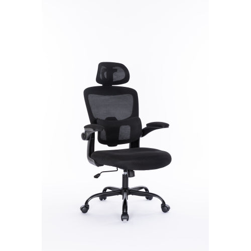 Ergonomic Mesh Office Chair With 3D Adjustable Lumbar Support, High Back Desk Chair With Flip Up Arms, Executive Computer Chair Home Office Task Swivel Rolling Chairs For Adults Cushion Metal Solid Black Office Sponge Dry Clean Round Handle Office Chairs