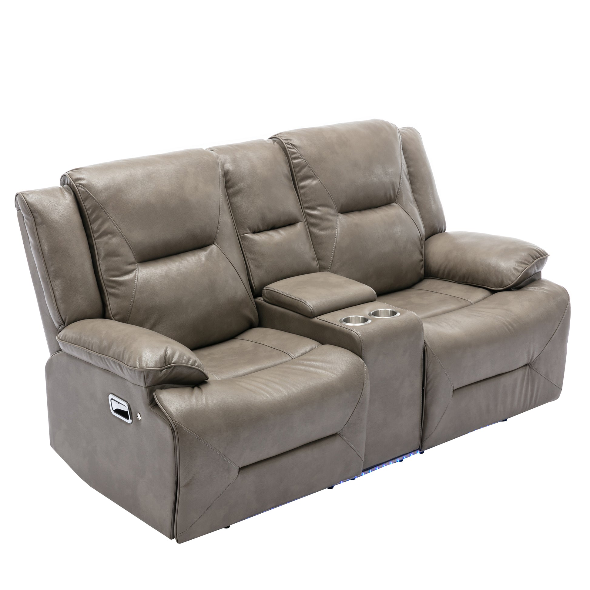 2 Seater Home Theater Recliner Manual Recliner Chair With A Led Light Strip Two Cup Holders And A Storage Box For Living Room,Bedroom, Grey Grey Foam Pu