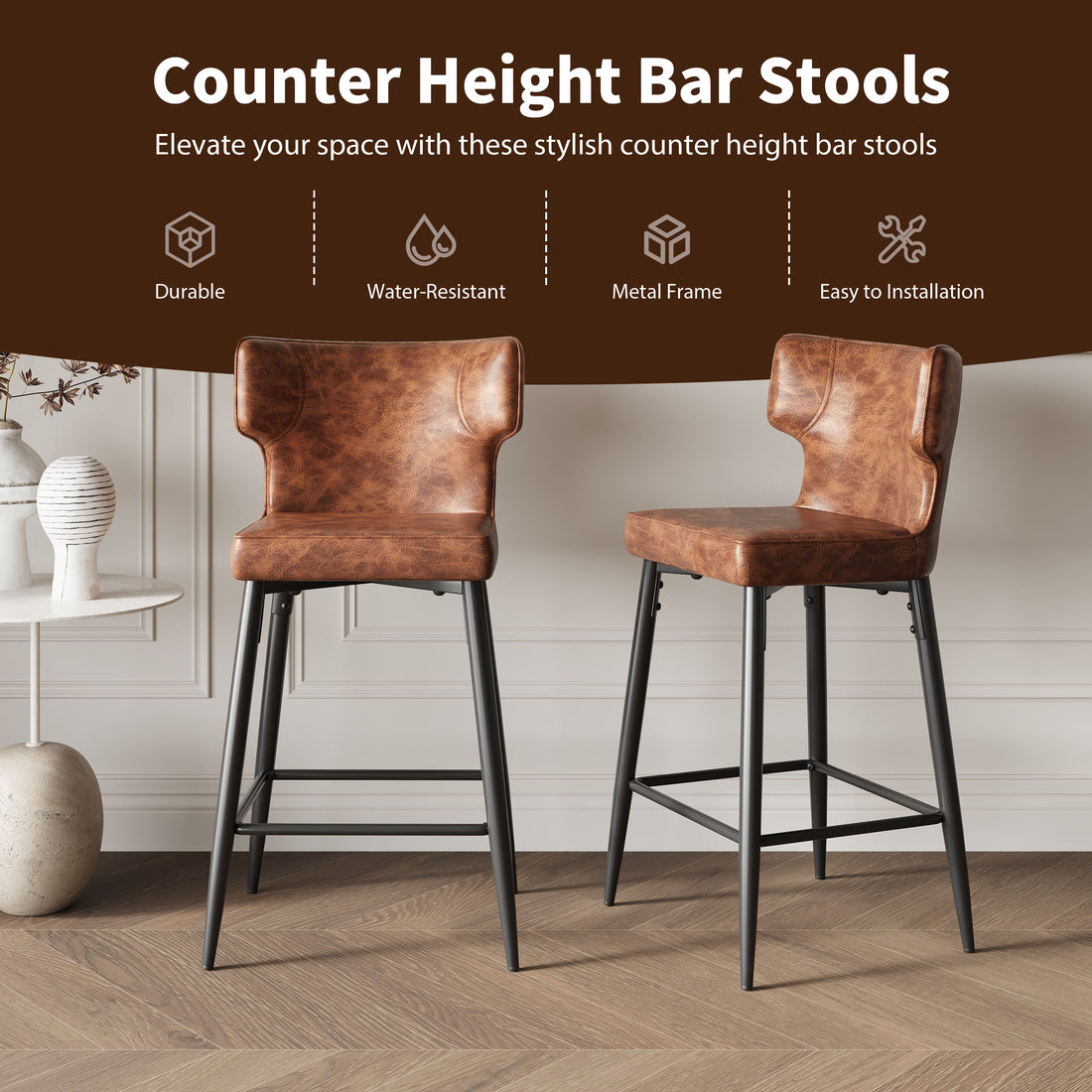 28Inch Counter Height Bar Stools Set Of 2, Modern Bar Upholstered Chairs With Pu Leather, Metal Footrest And Frame For Kitchen Island, Bar Table, Dining Room, Brown Solid Kitchen Solid Back Set Of 2