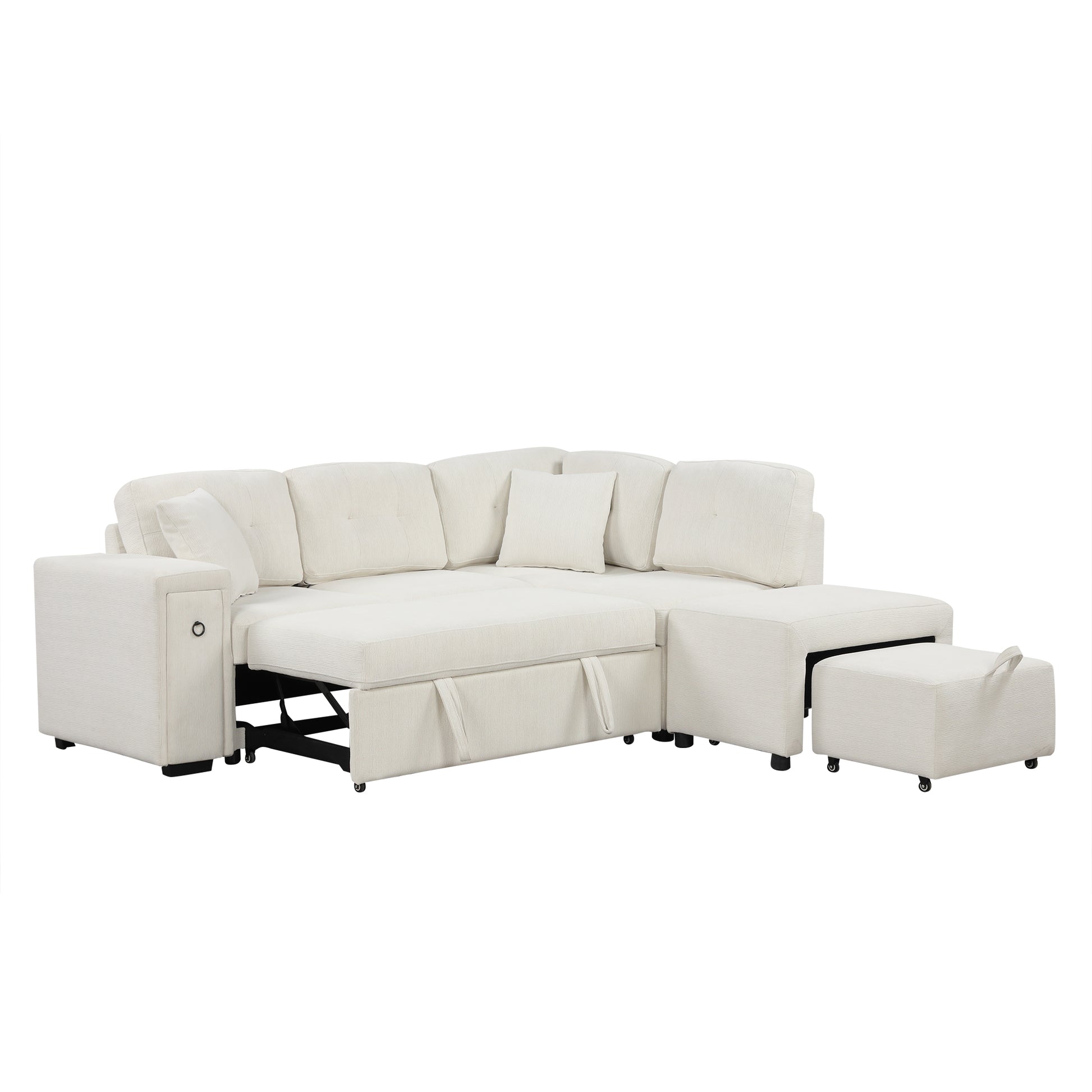 86.6" Sectional Sofa L Shaped Sofa Couch Pull Out Sofa Bed With A Movable Ottoman, Two Usb Ports And Two Cup Holders For Living Room, Beige Beige Foam Chenille 4 Seat