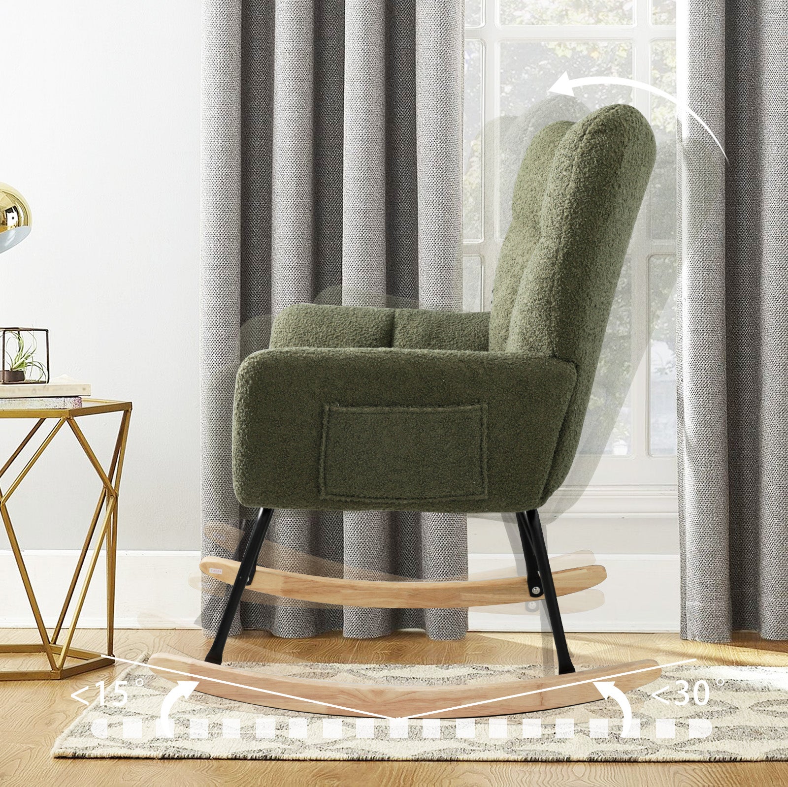 Teddy Fabric Rocking Chair, Modern Rocking Accent Chair For Nursery, Living Room, Bedroom, Deep Green Metal Olive Green Bedroom Foam Modern Rocking Chairs Foam Wood Metal