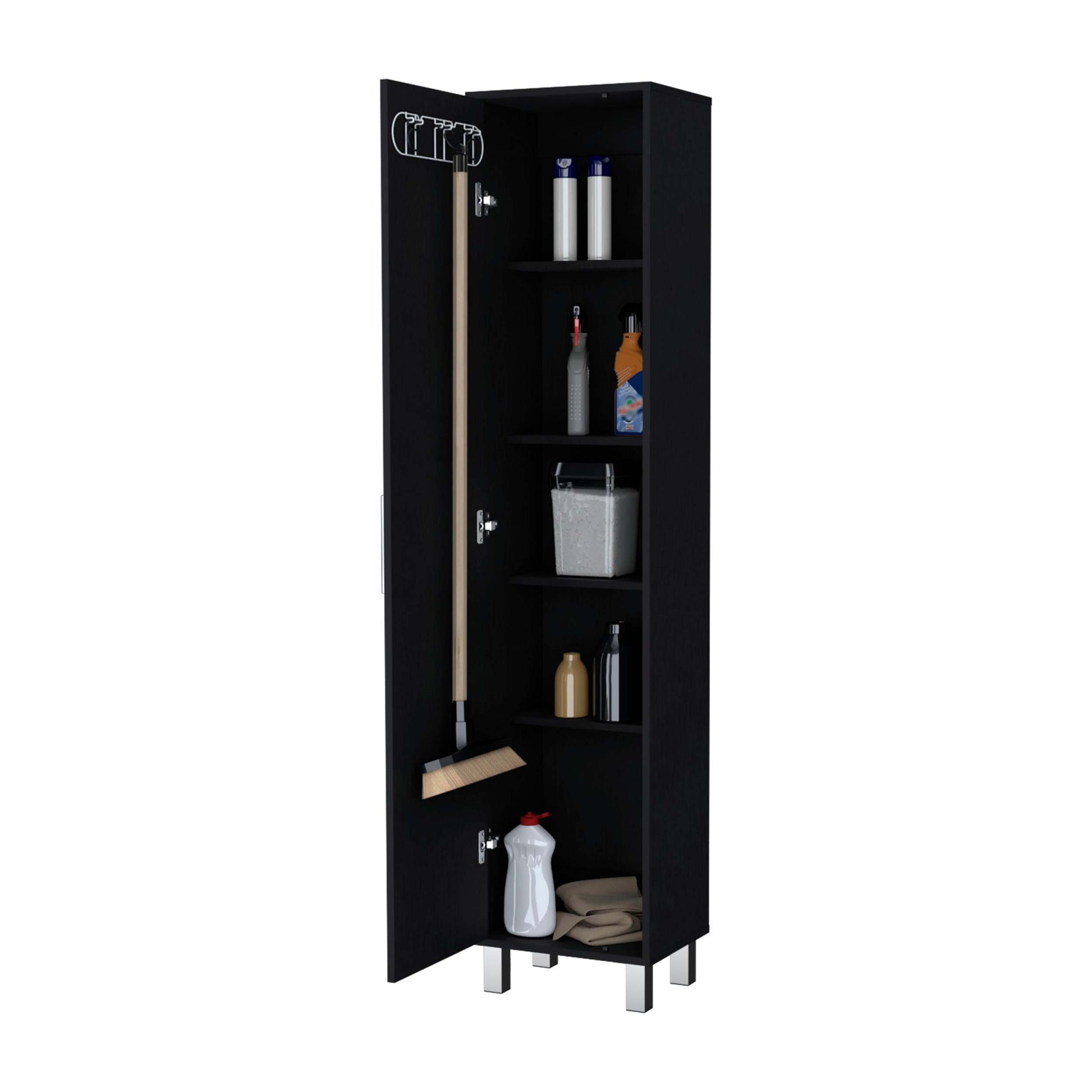 Black 1 Door Cabinet With 3 Broom Hangers Freestanding Black Bathroom Melamine