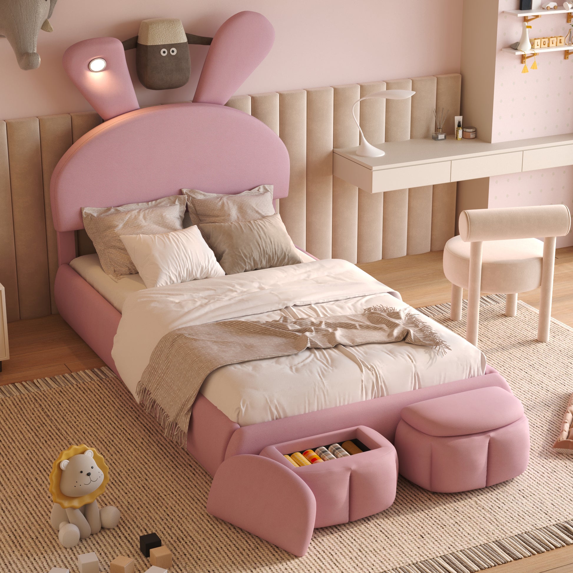 Twin Size Upholstered Platform Bed With Cartoon Ears Shaped Headboard And Light, Pink Box Spring Not Required Twin Pink Wood Bedroom Bed Frame Velvet Upholstered