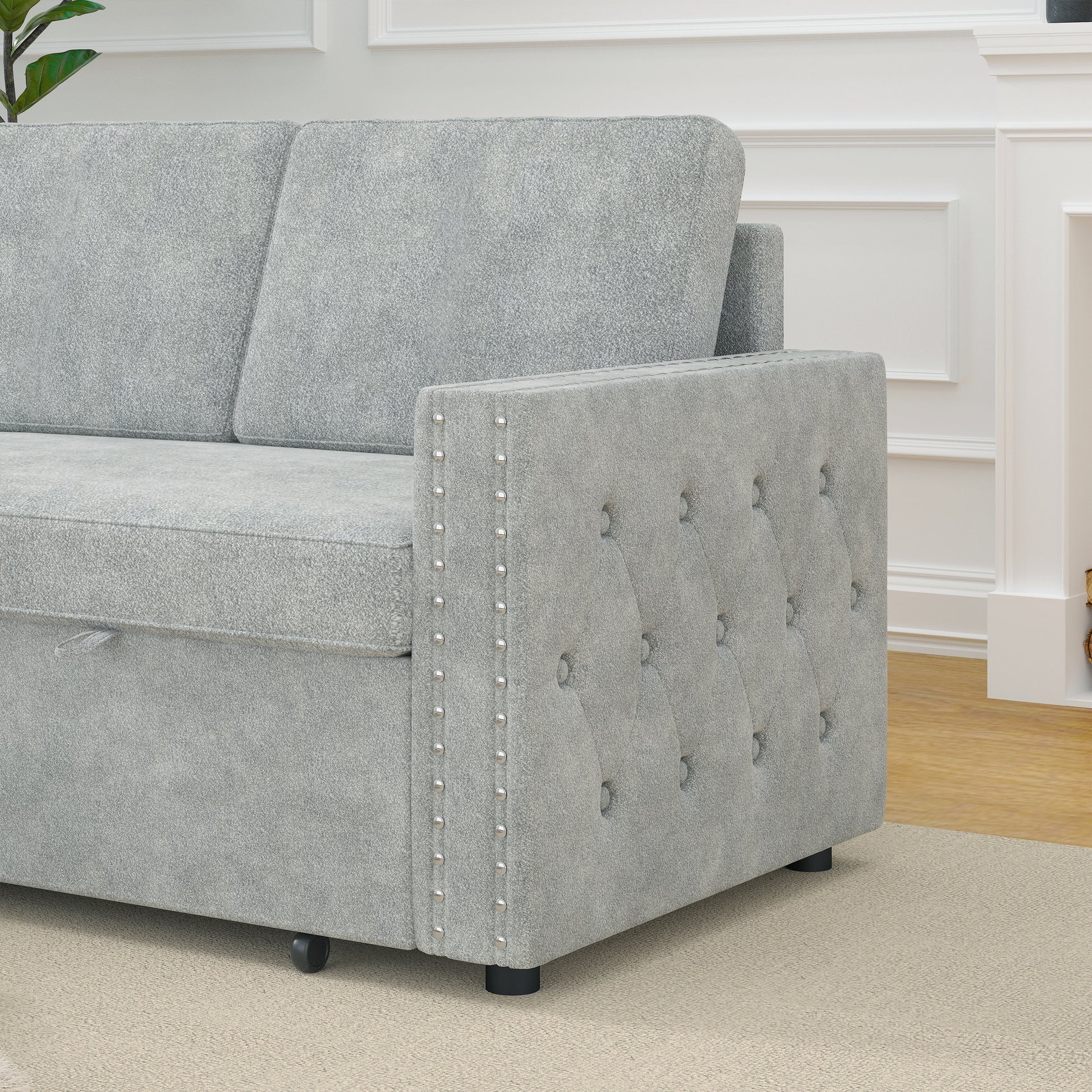 85 Inches Sofa Bed, 3 Seater Sleeper Sofa With Storage Chaise, Square Handrail With Pull And Copper Nail,Chenille Light Grey, Pull Out Couch For Living Room Light Grey Chenille 3 Seat