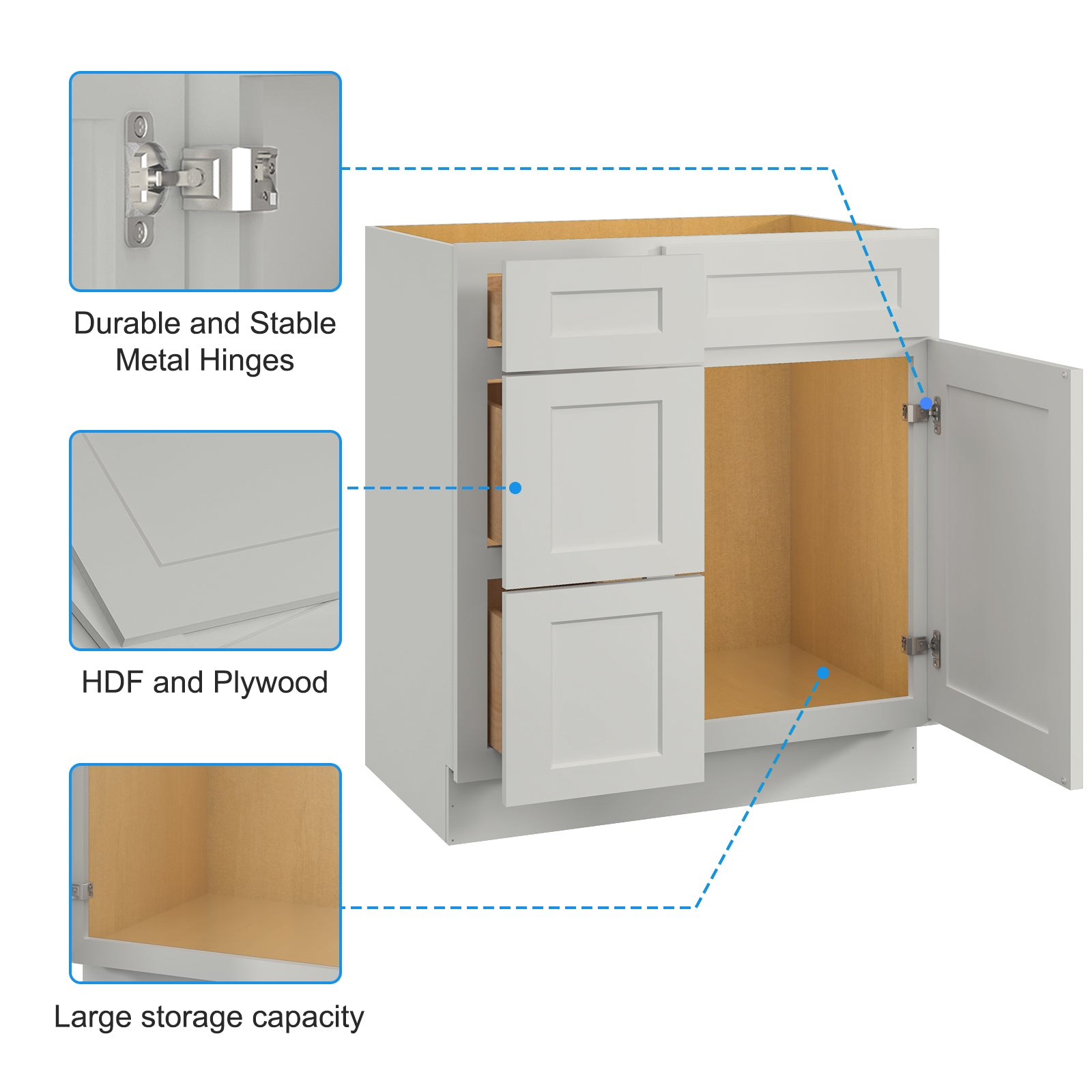 30 In. W X 21 In. D X 34.5 In. H In Shaker Dove Plywood Ready To Assemble Floor Vanity Sink Base Kitchen Cabinet With Left Door Light Gray Plywood