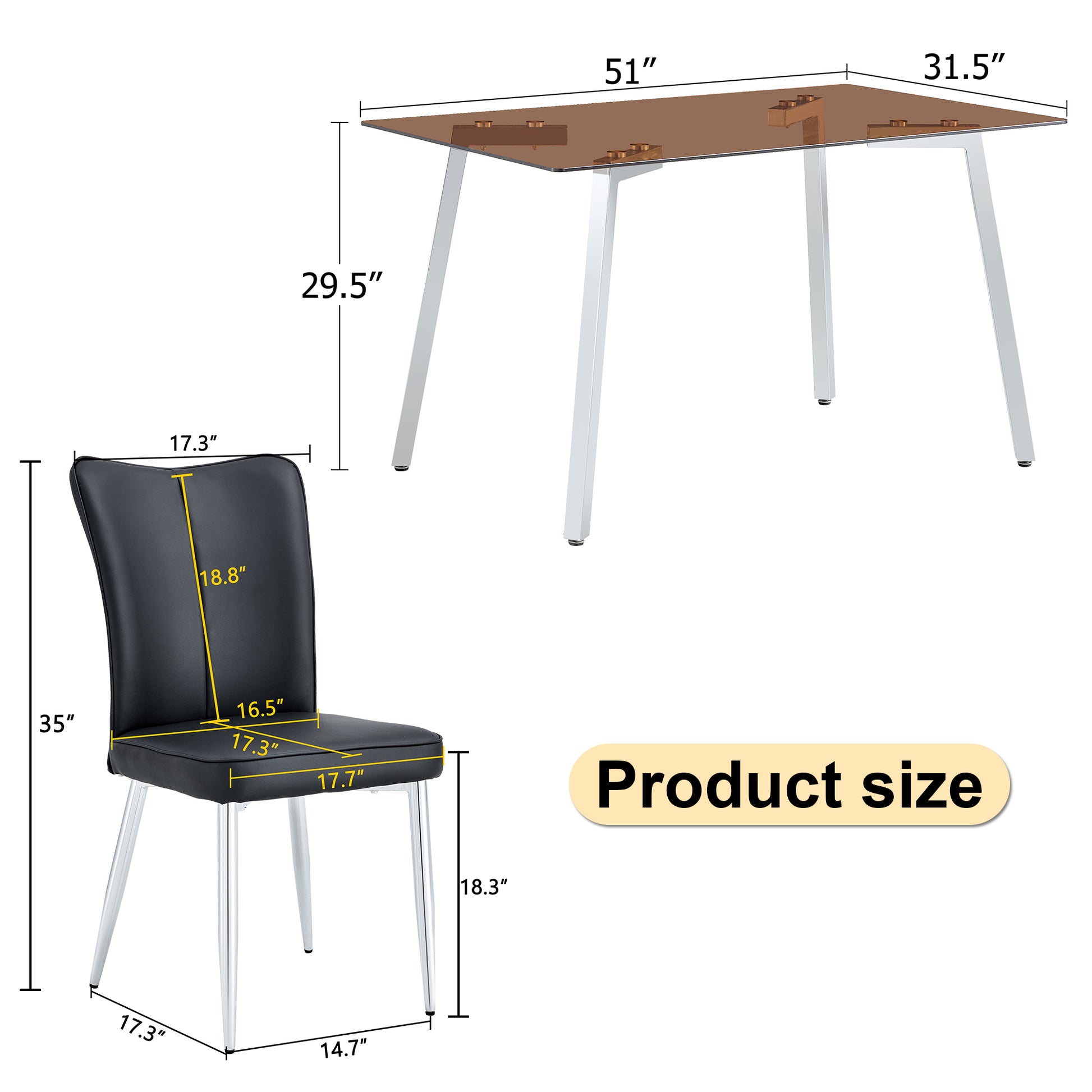 Table And Chair Set. Large Modern Rectangular Table With Brown Glass Top And Silver Metal Legs. It Comes With Soft And Comfortable Pu Seats, Faux Leather Upholstered Seats And Silver Metal Legs. Black,Brown Seats 4 Glass Metal