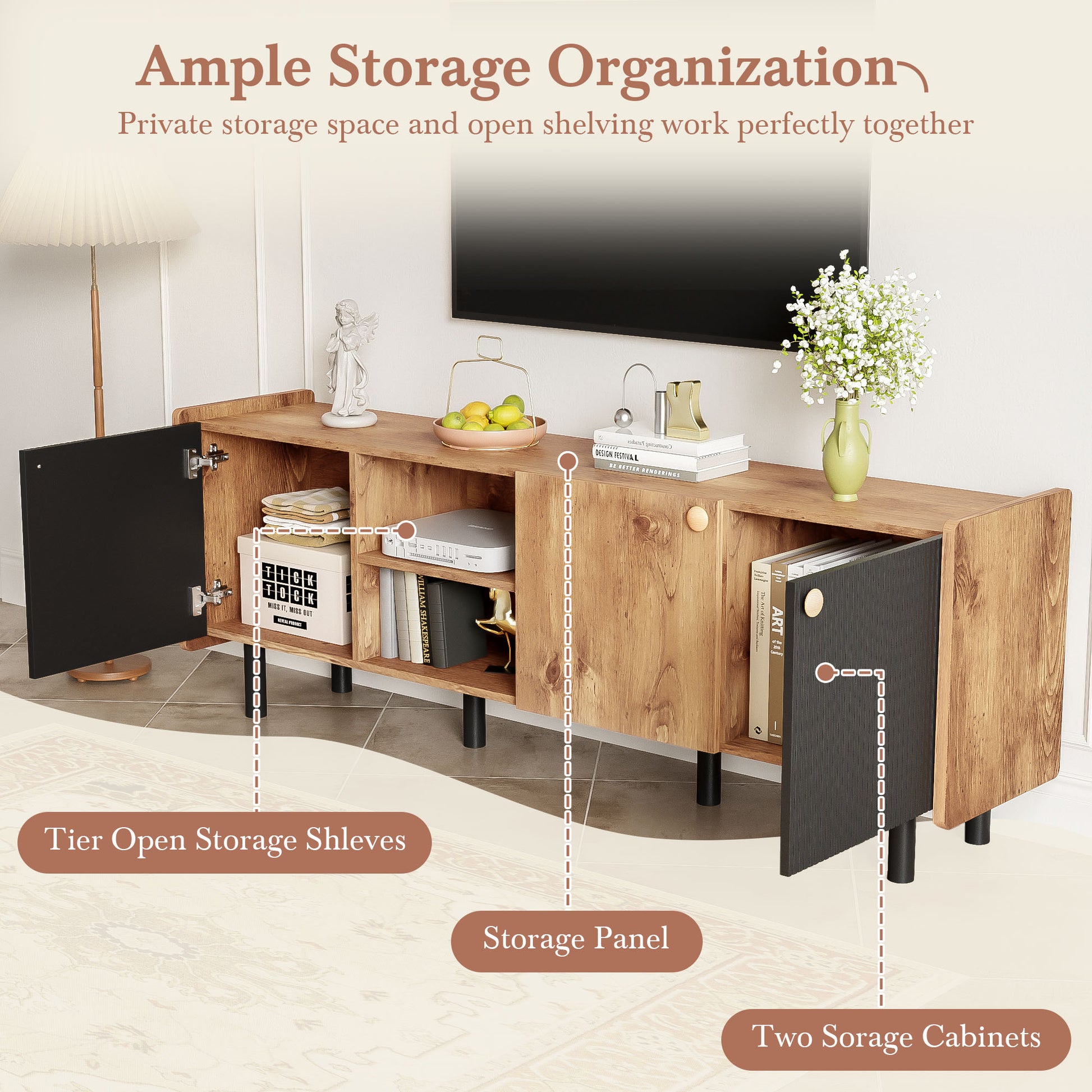 Mid Century Tv Stand With 3 Cabinets, Media Console Table For Tvs Up To 70'', Entertainment Center With Storage For Living Room, Bedroom, Home Theatre Black Brown Primary Living Space 60 69 Inches