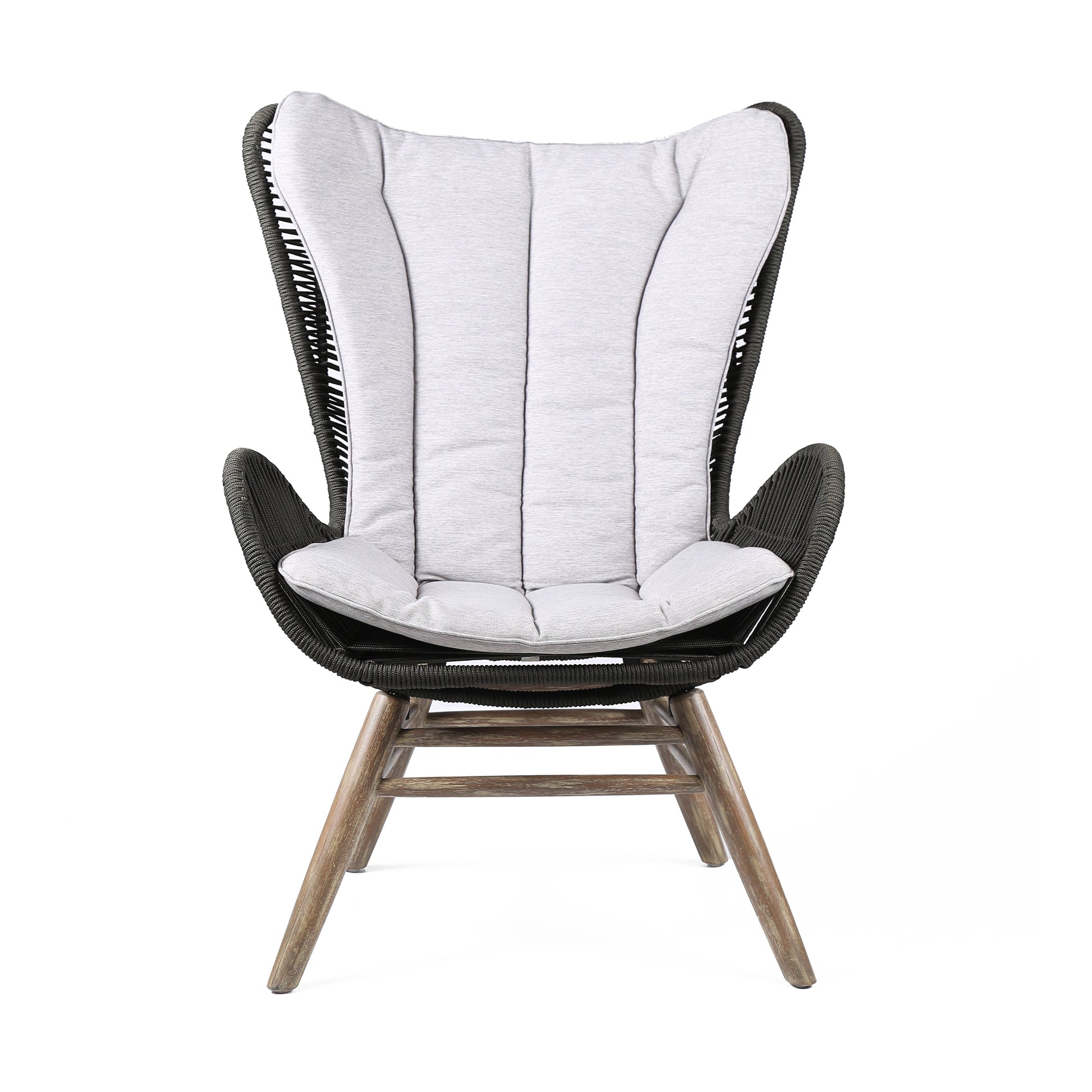 Indoor Outdoor Lounge Chair With Intricate Rope Woven Wingback, Gray Gray Wood Rope