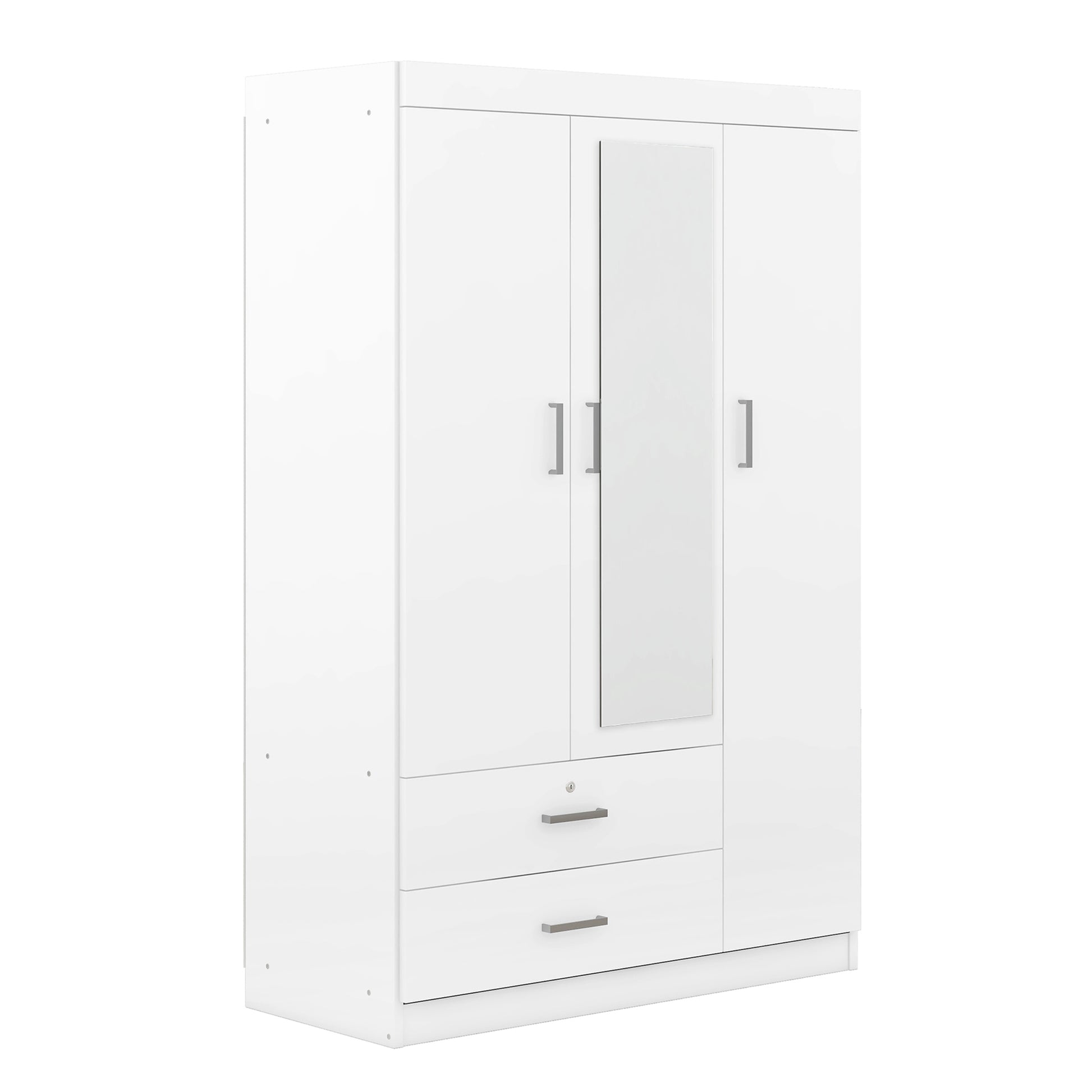 3 Door Mirror Wardrobe With Shelves, White White Plywood